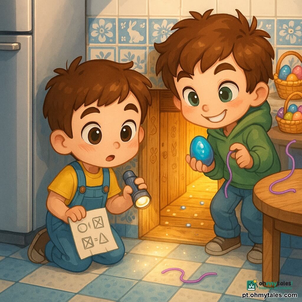 Há dois personagens: Tomás, rapaz de cerca de 11 anos, cabelo castanho curto, olhos curiosos, camiseta amarela e jardineira azul, ajoelhado junto à abertura secreta na parede com uma pequena lanterna na mão esquerda e uma folha com desenhos de códigos na direita; Duarte, também cerca de 11 anos, cabelo castanho despenteado, sorriso malicioso, sweatshirt verde-claro e jeans, semi-agachado atrás de Tomás, segurando um ovo de chocolate azul brilhante na palma direita e uma corda violeta trémula na esquerda. Local: cozinha transformada em passagem secreta, chão de azulejos brancos e azuis, um azulejo florido antigo na parede entreaberto revela um corredor estreito de madeira com entalhes de coelhinhos e galinhas e pedras cintilantes no chão, luz dourada quente vindo da sala secreta. Situação: os dois descobrem a entrada do corredor; uma faixa violeta sobre uma mesa vibra suavemente; uma mesa redonda de madeira na sala secreta está coberta de cestas de ovos coloridos e instrumentos de jogo (régua, tiras de papel, canudinhos e marshmallows); atmosfera de maravilha, cores pastel saturadas, embalagens brilhantes e reflexos suaves da lanterna.