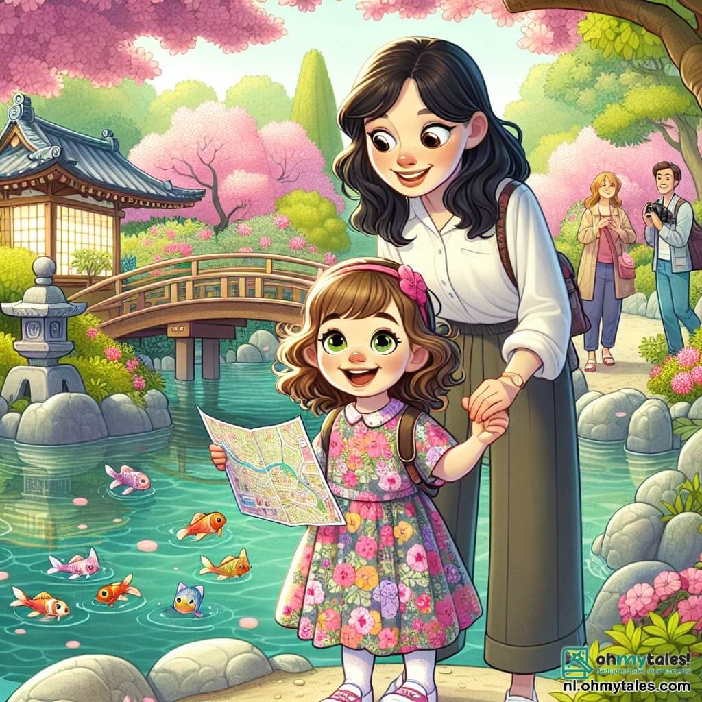 Een 4-jarig meisje genaamd Anna staat aan de rand van een prachtige waterpartij in een Japanse tuin. Ze heeft grote, nieuwsgierige ogen, krullend kastanjebruin haar en draagt een kleurrijke jurk met bloemenpatronen. Ze glimlacht blij terwijl ze een kaart in haar kleine handen vasthoudt, klaar om te verkennen. Naast haar staat haar moeder, een vrouw in de dertig met lang zwart haar, gekleed in een lichte blouse en comfortabele broek. Ze kijkt naar Anna met een vriendelijke glimlach, die haar nieuwsgierigheid aanmoedigt. Iets verderop staat haar vader, een man in de dertig met bruin haar en een lichte baard, die een camera vasthoudt, klaar om dit magische moment vast te leggen. De locatie is een betoverende Japanse tuin, vol bloeiende kersenbomen met roze bloemblaadjes, stenen lantaarns en kleine houten bruggen die over sprankelende beekjes lopen. Kleurrijke vissen zwemmen in het heldere water van de kleine vijver, terwijl vogels vrolijk in de bomen zingen. De hoofdactie toont Anna, verwonderd, die net haar kaart onder een steen bij de rivier heeft gevonden. Ze heft haar armen in een overwinningsteken, terwijl haar moeder en vader haar aanmoedigen met glimlachen, wat een sfeer van vreugde en avontuur creëert.