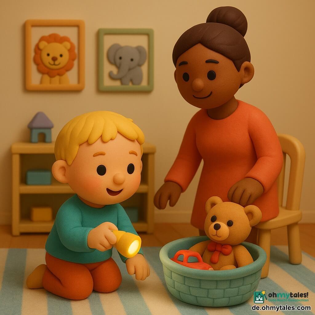 Zweijähriger Junge, freudig und konzentriert, rundes Gesicht, kurze blonde Haare, rosa Backen, große glänzende Augen, kniet und hält eine kleine gelbe Taschenlampe, die auf ein Spielzeugkörbchen mit einer roten Auto leuchtet; eine etwa 30-jährige Mutter mit sanftem Lächeln und braunem Dutt steht dahinter, Hand auf der Stuhllehne, wohlwollender Blick; hellbrauner Teddybär mit roter Schleife neben dem roten Auto im Korb; Kinderzimmer mit hellblau-weiß gestreiftem Kuschelteppich, niedrigen pastellfarbenen Holzregalen, cremefarbenen Wänden mit lustigen Tierpostern und warmer, weicher Beleuchtung; Szene als kleiner Detektiv-Moment, glatte, matte, plastilinartige Textur, einfache Blickführung, zentrierte Komposition, kräftige Kontraste, runde weiche Silhouetten und leichte Schatten für Tiefe.