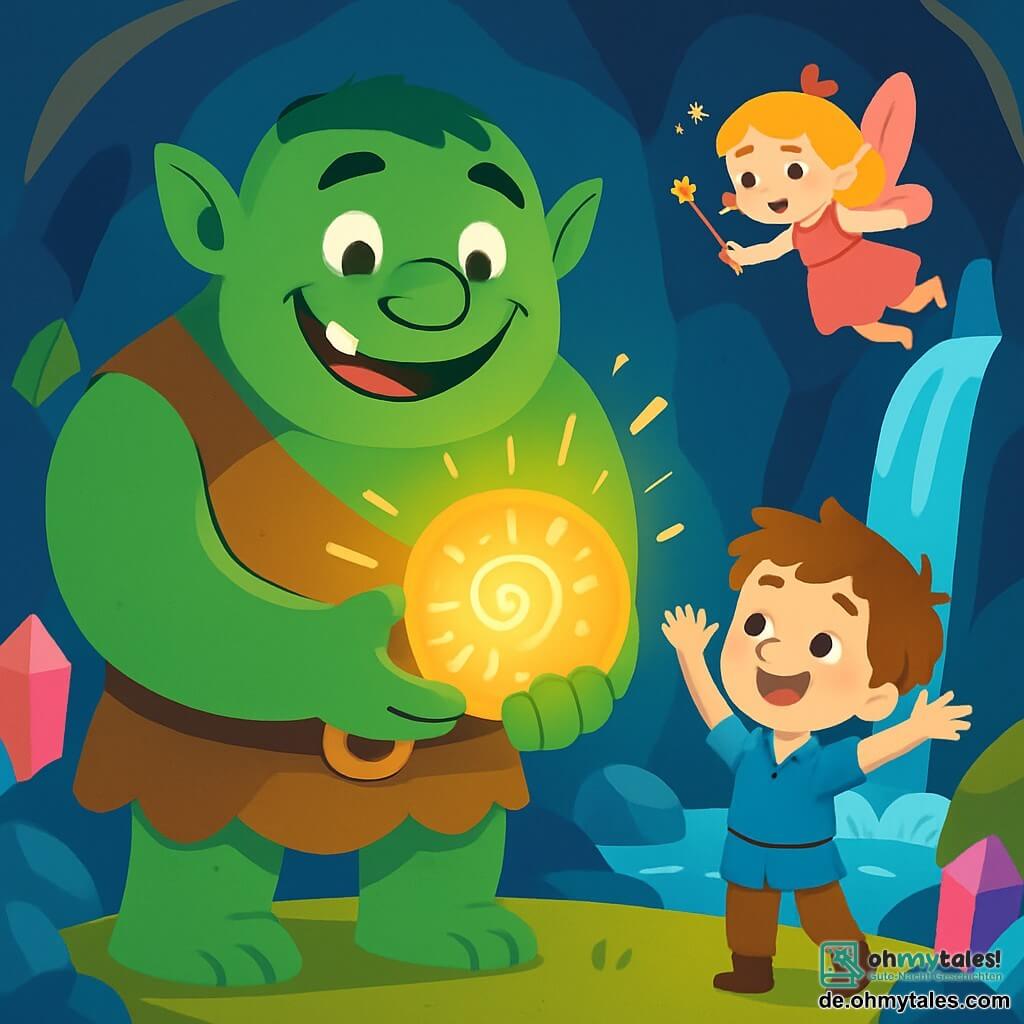 Ein großer Ogre mit smaragdgrüner Haut, breiten Schultern und funkelnden, freundlichen Augen steht im Zentrum der Szene. Sein Gesicht wird von einem breiten Lächeln erhellt, das weiße, glänzende Zähne zeigt. In seinen Händen hält er ein wunderschönes, leuchtendes Artefakt, das sanft golden strahlt. Neben ihm steht ein kleiner Junge namens Felix, 8 Jahre alt, mit zerzausten braunen Haaren und neugierigen Augen, der den Ogre bewundernd ansieht. Er trägt eine blaue Tunika und eine Stoffhose und steht auf den Zehenspitzen, die Arme vor Freude erhoben. Etwas weiter fliegt eine kleine Fee namens Lila mit funkelnden, rosa Flügeln um sie herum. Sie hat ein schelmisches Gesicht und goldene Haare, die in der Luft schweben. Sie schwingt einen kleinen Zauberstab und verleiht der Szene einen Hauch von Magie. Der Hintergrund ist eine wunderschöne Höhle mit kristallklaren, bunten Wänden, die das goldene Licht des Artefakts reflektieren. Im Hintergrund fällt ein prächtiger Wasserfall in ein kleines Becken und schafft eine märchenhafte Atmosphäre. Die Hauptsituation zeigt den Ogre, Felix und Lila, die ihre Entdeckung des magischen Artefakts feiern, umgeben von Licht und Freude, was Freundschaft und Abenteuer symbolisiert.