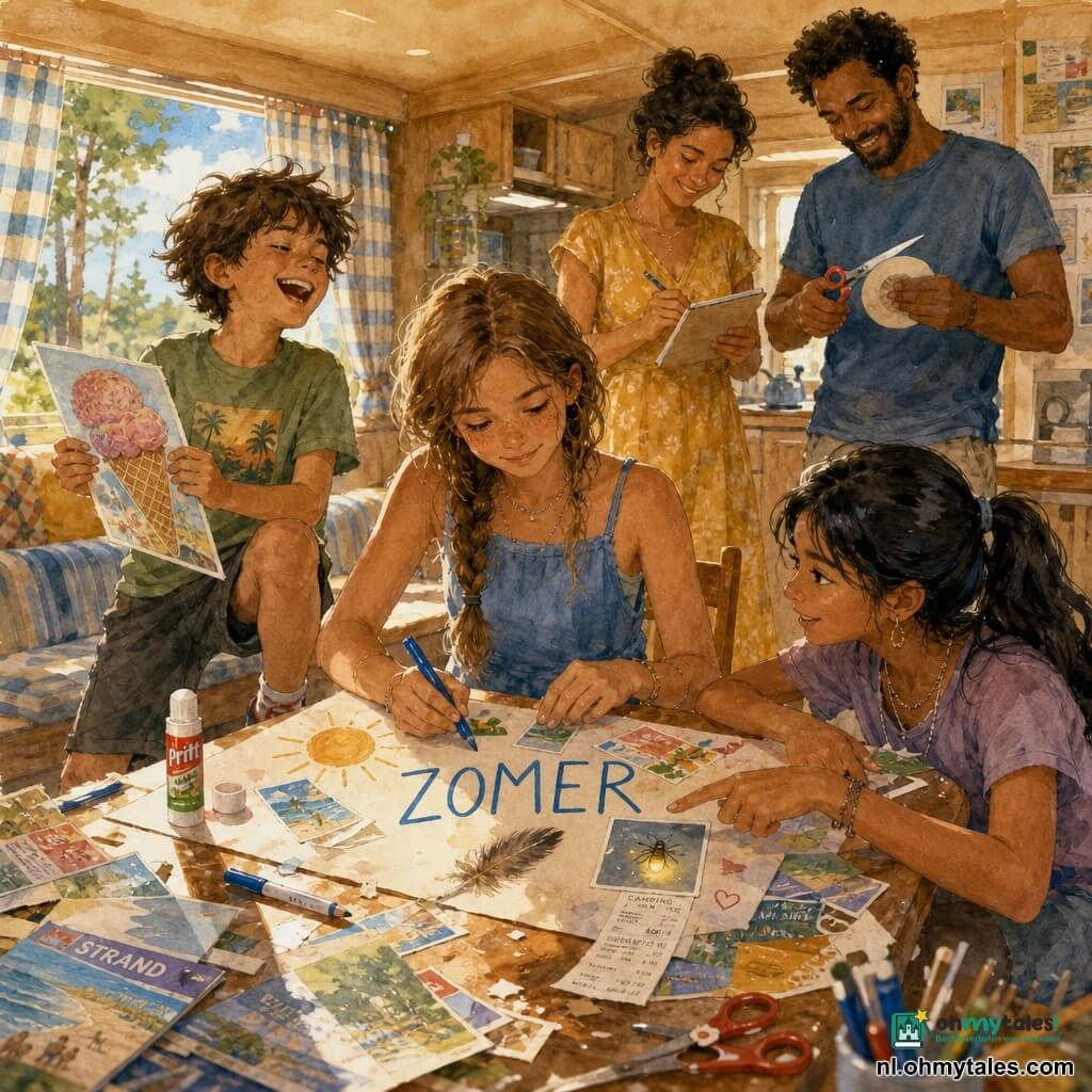 Een 12‑jarige meid met losse vlecht en lichtbruine haren, een paar sproeten, zachte geconcentreerde blik en trotse maar verlegen uitstraling zit aan een houten tafel en schrijft met een blauwe stift groot "ZOMER" op een affiche terwijl ze knipsels plakt; links staat Milo (ongeveer 9) met warrig bruin haar en een guitige glimlach, hij houdt lachend een grote afbeelding van een reuzenijsje vast met een voet op een stoel; rechts hurkt Noor (ongeveer 11) met zwart paardenstaart en heldere rustige blik en wijst naar een kleine tekening van een vuurvliegje op de affiche; op de achtergrond vaag de ouders: de moeder schrijft in een notitieboekje en de vader knipt een rond kaartje; binnenkant van een gezellig vakantie‑mobilhome, zacht zonlicht door een gestreept gordijn, rommelige tafel met kleurrijke brochures, papiersnippers, een gedroogde veer en een geplakt kassabonnetje, open raam met pijnbomen en blauwe lucht; familiale affichemakerssessie in pastel‑aquareltinten, warme sfeer met kleef-, hou‑ en wijzende handelingen, zichtbare inktvlekjes en papiersnippers voor een levendig effect.