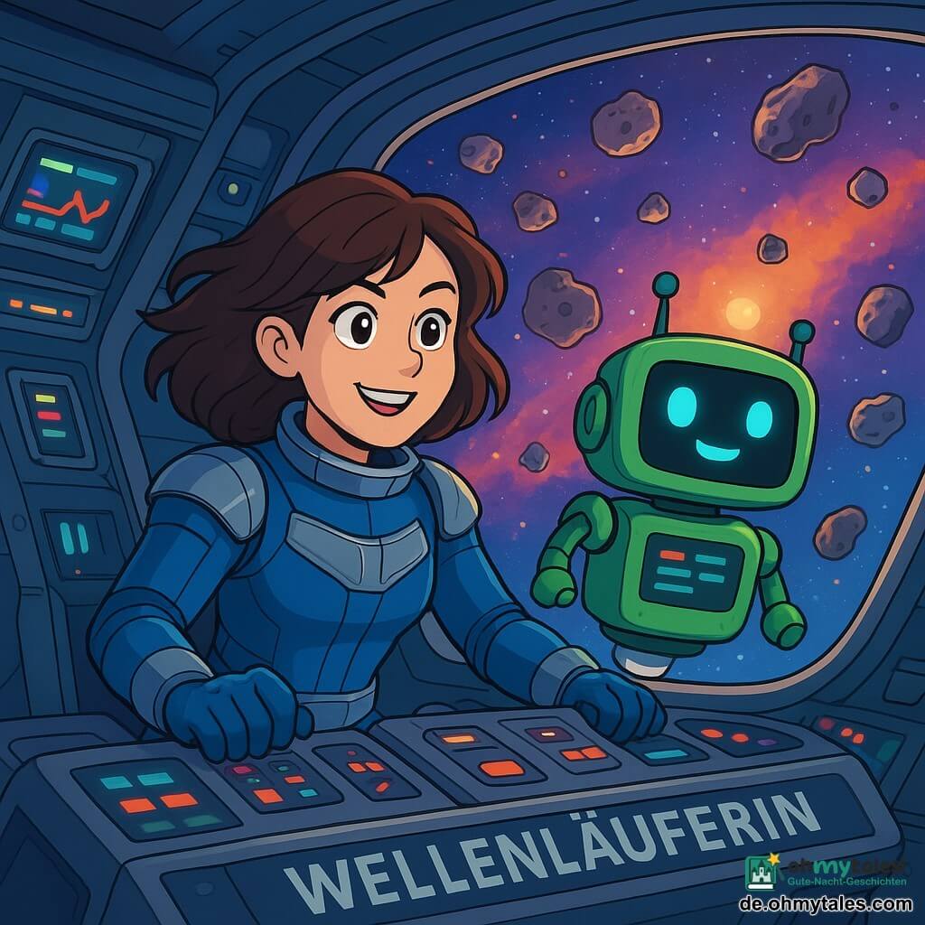 Eine Frau namens Mara, etwa 30 Jahre alt, mit schwebenden braunen Haaren und neugierigen, funkelnden Augen, steht in ihrer kleinen Raumfähre, der Wellenläuferin. Sie trägt einen blauen Raumanzug mit silbernen Details und zeigt ein entschlossenes Lächeln, während ihre Hände auf dem Armaturenbrett liegen, bereit, durch den Weltraum zu navigieren. Neben ihr schwebt ein Kind-großer Roboter namens Lukas-3, mit glänzender grüner Farbe und leuchtenden Augen, der fröhlich schwebt und Nachrichten auf seinem Bildschirm anzeigt. Der Ort ist eine Raumfähre mit glatten Metallwänden und Panoramafenstern, die auf ein weites Feld von funkelnden Asteroiden blicken, beleuchtet von einem fernen Stern. Sensoren und Bildschirme zeigen farbige Daten an und schaffen eine futuristische, dynamische Atmosphäre. Die Hauptsituation zeigt Mara, wie sie ihr Raumschiff durch einen Nebel bunter Nebel steuert, umgeben von schwebenden Asteroiden, während sie sich darauf vorbereitet, einen neuen Sektor des Weltraums zu kartografieren, voller Aufregung und Entschlossenheit.