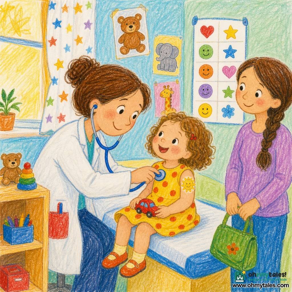 A smiling, kind female doctor with brown hair in a bun and a white coat with a red pocket leans her head to listen to a little girl's heart with a blue stethoscope; the ~4-year-old girl has short curly hair, wears a yellow dress with red polka dots, sits on the exam table laughing slightly and holds a small red toy car, a large sun-shaped bandage is on her arm; the mother, with long braided hair, stands nearby looking relieved and holding a green handbag; the bright consultation room has pastel blue and green walls, animal posters, a colorful care chart with stickers, a low shelf with toys, and warm light from a window with a star-patterned curtain, creating a calm, reassuring atmosphere.