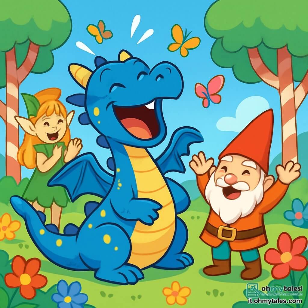 Un drago blu con squame scintillanti e macchie gialle, Dracolo, sta ridendo di gusto, con i suoi grandi occhi brillanti di gioia e le ali spiegate, creando un'atmosfera festosa. Accanto a lui, un piccolo gnomo con un grande cappello a punta e una barba bianca, sorridente e con le braccia alzate, sta raccontando una barzelletta. Un elfo con orecchie a punta, capelli dorati e un vestito verde, applaude con entusiasmo, posizionandosi proprio dietro il drago. La scena si svolge in una radura incantata, circondata da fiori colorati, grandi alberi di zucchero filato e farfalle multicolori in un cielo blu brillante. Al centro, Dracolo, il drago, è l'eroe del Grande Concorso di Barzellette, condividendo la sua barzelletta con gli amici, mentre tutti scoppiano a ridere, creando un'atmosfera gioiosa e vivace.