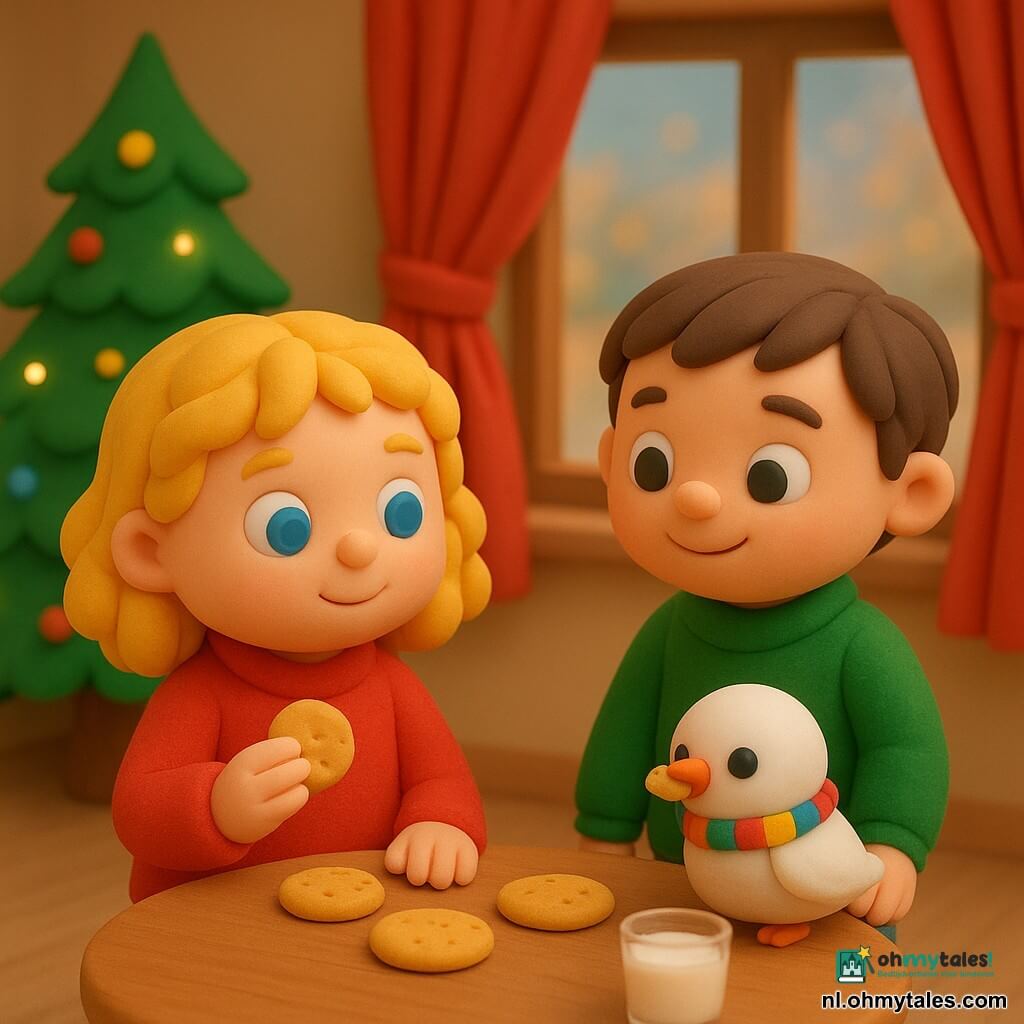 Er zijn 3 hoofdpersonen: - Lena, een meisje van 4 jaar met blonde krullende haren en grote blauwe ogen, draagt een rode trui. Ze zit bij de tafel en houdt een klein koekje in haar hand. - Sam, een jongen van 4 jaar met kort bruin haar en een ondeugende glimlach, draagt een groene trui. Hij staat naast Lena en kijkt nieuwsgierig naar het vogeltje. - Een klein rond wit vogeltje met sprankelende zwarte ogen, draagt een kleurrijke mini-sjaal om zijn nek. Het zit op de vensterbank en pikt aan een stukje koekje. De ruimte is warm en uitnodigend, met een groot raam omlijst door rode gordijnen. Binnen staat een houten tafel versierd met koekjes en een klein glas melk. In een hoek staat een verlichte kerstboom, waarvan de lichtjes zachtjes fonkelen. De hoofdscène toont Lena en Sam die een teder moment delen met het vogeltje, in een feestelijke en vrolijke sfeer. De heldere kleuren en zachte details creëren een magische en troostende kerstsfeer.