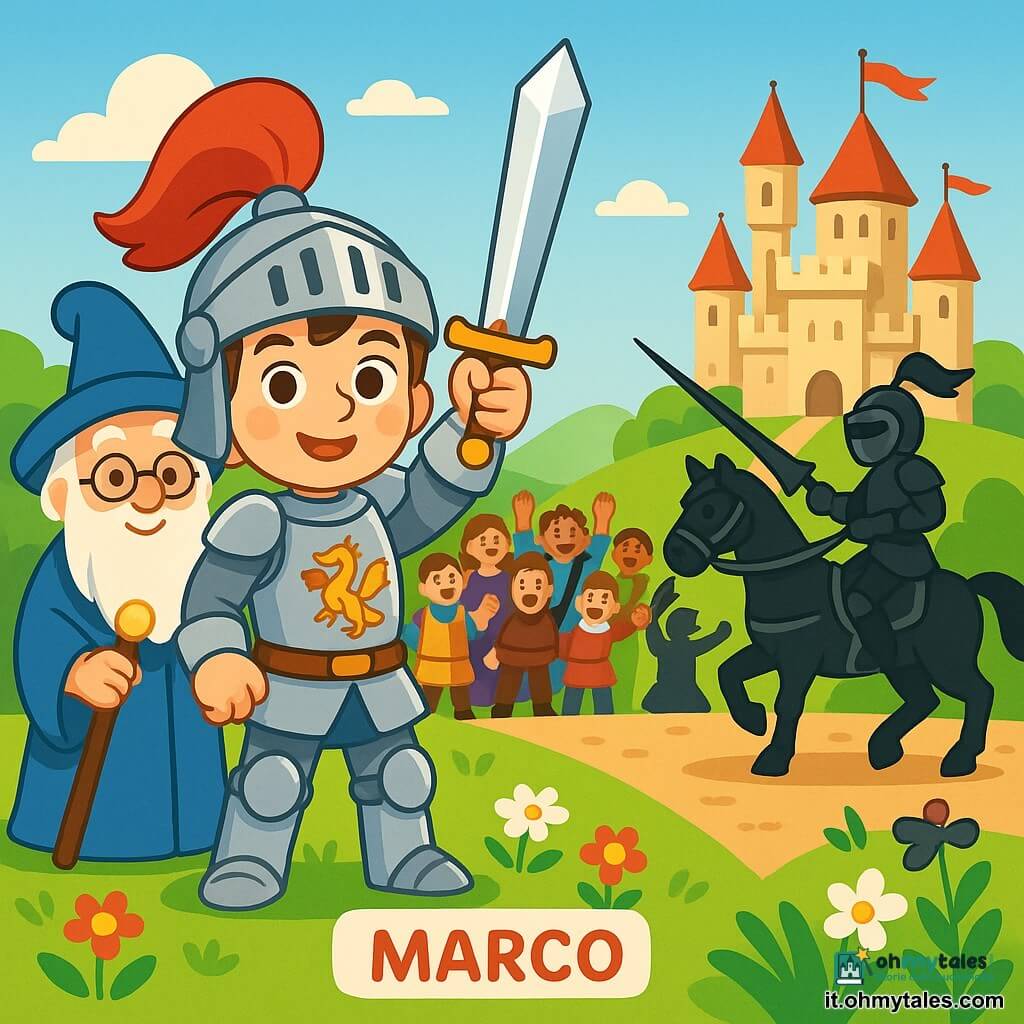 Un giovane cavaliere di nome Marco, un ragazzo di circa 16 anni, si erge orgogliosamente al centro dell'immagine. Indossa un'armatura brillante decorata con motivi di draghi e un elmo dai riflessi argentati. Il suo viso esprime determinazione e coraggio, con occhi scintillanti di bravura. Brandisce una spada luccicante, pronto a difendere il regno. Accanto a lui, un vecchio saggio di circa 60 anni, con una lunga barba bianca e occhiali rotondi, osserva la scena con un sorriso benevolo. Indossa una tunica blu e tiene un bastone magico, pronto a dare consigli a Marco. Sullo sfondo, un maestoso castello si erge su una collina, con torri slanciate che toccano il cielo blu. Bandiere sventolano al vento, aggiungendo un tocco di colore alla scena. Il suolo è cosparso di fiori selvatici e un sentiero di terra conduce verso il castello. La scena principale mostra Marco pronto ad affrontare un temibile avversario, il cavaliere nero, in un torneo epico. Gli spettatori, villaggi e altri cavalieri, guardano con eccitazione e speranza, creando un'atmosfera vibrante e piena di energia.
