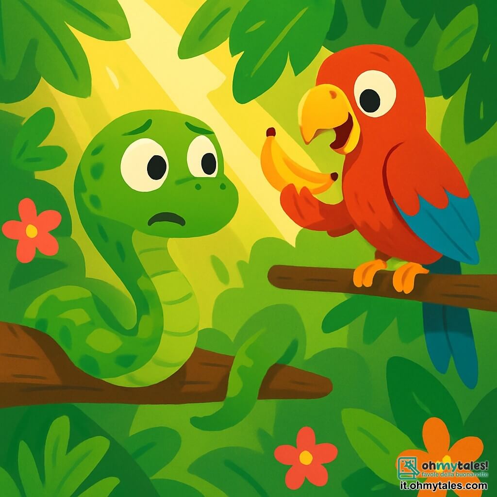 Un serpente verde brillante, chiamato Serafino, si contorce su un ramo, apparendo preoccupato e sorpreso. Accanto a lui, un pappagallo dai colori vivaci, rosso e blu, osserva Serafino con un sorriso malizioso, tenendo una piccola banana nel becco. La scena si svolge in una giungla lussureggiante, piena di grandi foglie verdi, fiori colorati e raggi di sole che filtrano tra gli alberi. Serafino, alla ricerca della sua banana scomparsa, scruta la giungla con determinazione, mentre il pappagallo sembra pronto a prendere in giro il suo amico.