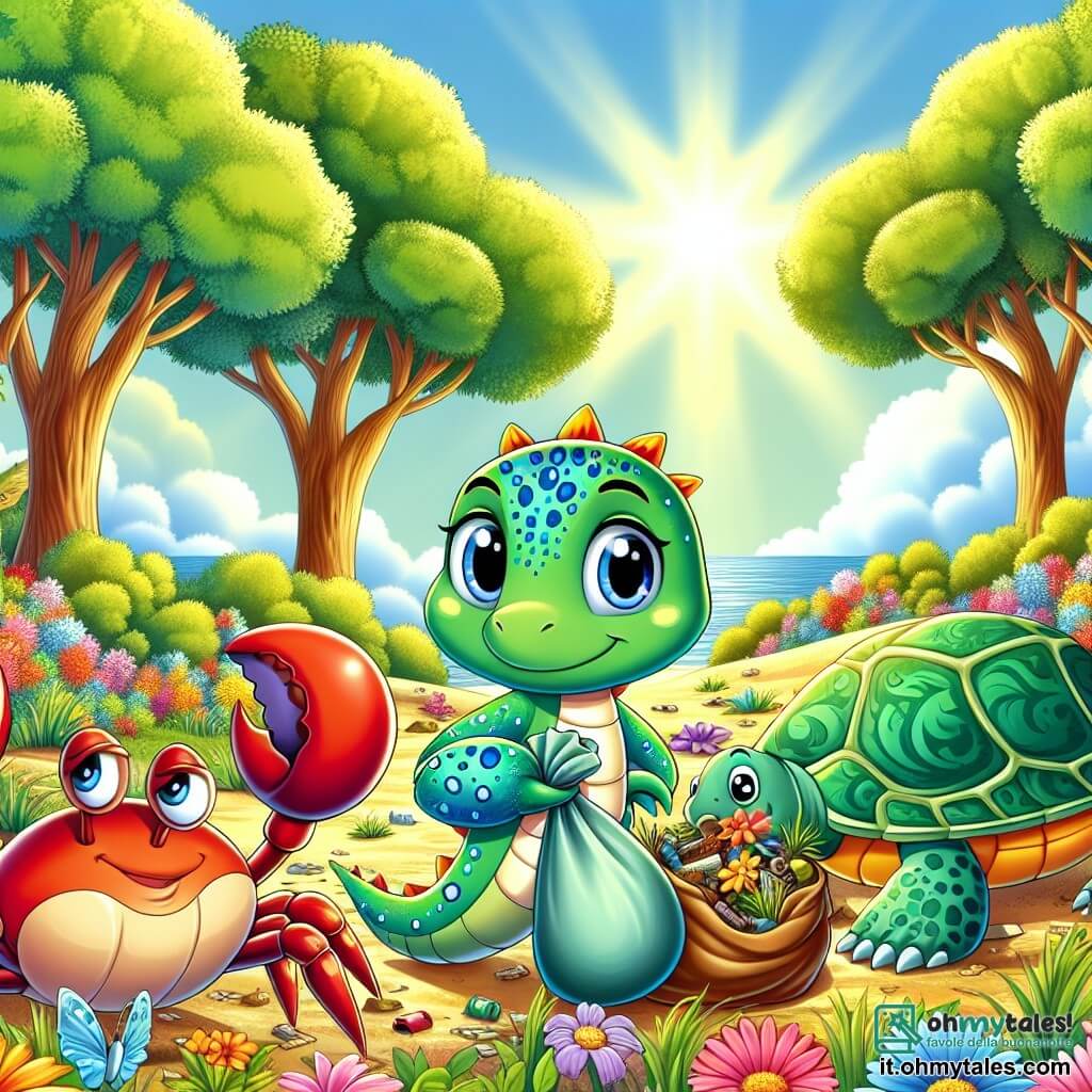 Un piccolo lucertolo dai colori vivaci, con una pelle verde smeraldo punteggiata di macchie blu e gialle, esprime grande determinazione mentre tiene un piccolo sacchetto di foglie tra le zampe, pronto a raccogliere rifiuti nella foresta. Accanto a lui, un granchio saggio, con un guscio rosso e chele robuste, osserva la scena con uno sguardo serio, tenendo una mappa della foresta per mostrare le aree da pulire. Più lontano, una dolce tartaruga, con un guscio verde decorato con motivi floreali, sorride mentre pianta fiori nel terreno, aggiungendo colore all'ambiente. La scena si svolge in una foresta vibrante, dove alberi maestosi con foglie lussureggianti si ergono sotto un cielo azzurro chiaro, mentre fiori multicolori ricoprono il terreno. I raggi del sole filtrano tra i rami, illuminando i volti gioiosi degli animali. La situazione principale mostra i personaggi che lavorano insieme per pulire la foresta, raccogliendo rifiuti e piantando nuovi fiori, condividendo risate e incoraggiamenti, simboleggiando l'unità e l'amore per la natura.