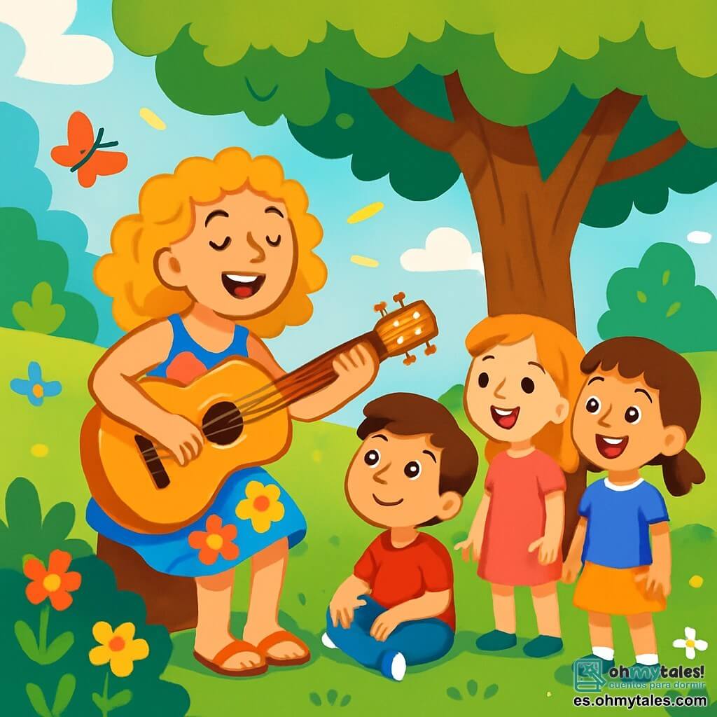Una mujer alegre, con cabello rizado y dorado, sonriente y llena de vida, toca una guitarra brillante bajo un gran árbol. Lleva un vestido colorido con patrones florales y sandalias. A su lado, un niño curioso de unos 7 años, con cabello castaño y ojos brillantes, escucha atentamente, sentado en la hierba con las manos sobre las rodillas. Un grupo de tres niños, dos niñas y un niño, de entre 5 y 6 años, se encuentra alrededor de ellos, cautivados por la música, con los ojos abiertos y sonrisas radiantes. El lugar es un parque soleado, lleno de flores coloridas, árboles verdes y mariposas revoloteando en el aire. La escena transmite una atmósfera alegre y mágica, con rayos de sol filtrándose a través del follaje. La mujer canta una suave melodía, y los niños la escuchan con asombro, creando un ambiente de felicidad y compartir.
