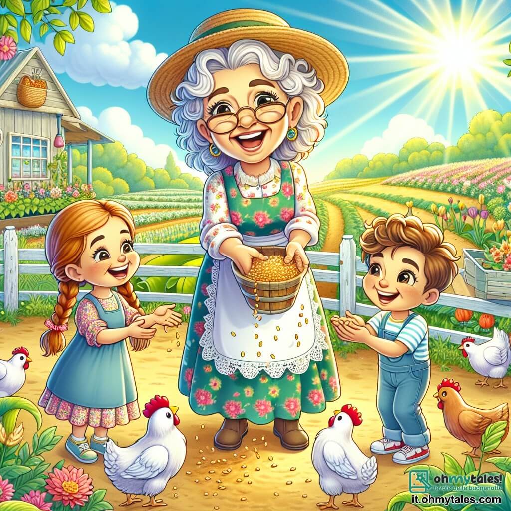 Nonna Rita, una donna di circa 70 anni, è al centro della scena con un ampio sorriso. Ha capelli bianchi e ricci, un cappello di paglia e indossa un vestito colorato a fiori. Sta mostrando ai bambini come nutrire le galline, tenendo un piccolo secchio di semi. Alla sua destra, Luca, un ragazzo di 8 anni con capelli castani e occhi brillanti, è accovacciato e lancia semi alle galline sorridendo. Alla sua sinistra, Sofia, una ragazza di 7 anni con capelli rossi e trecce, ride guardando le galline avvicinarsi. La scena è ambientata in una fattoria soleggiata, circondata da campi verdi e fiori colorati, con un orto rigoglioso sullo sfondo e un cielo blu punteggiato di nuvole bianche. L'atmosfera è gioiosa e divertente, piena di risate e apprendimento sulla vita in fattoria.