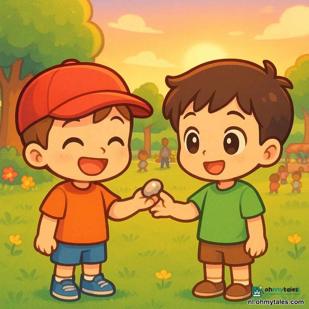 Twee ongeveer 6‑jarige jongens in chibi‑kawaii‑stijl: een blije, trotse jongen met een rode pet en blauwe sneakers lacht en houdt een glanzend steentje vast terwijl een vriend met bruin haar en groen T‑shirt het steentje aanbiedt; op de achtergrond een circa 30‑jarige moeder met lichtteint en opgeschoren kastanjebruin haar zittend op een picknickdeken, zonnig park met groene grasmat, bomen en bloemen, diverse mensen vaag op de achtergrond, warme schemerzonlicht, heldere contrastrijke kleuren en zachte texturen, compositie gecentreerd op de twee jongens.