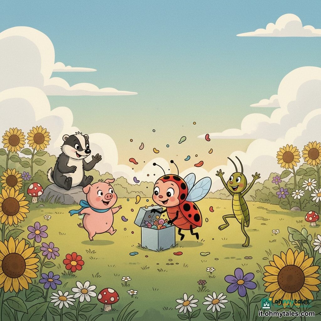 Una piccola coccinella rossa a sette punti neri, occhi rotondi lucenti, ali semiaperte, posa una zampa su una scatola argentata che apre; Gino il grillo sottile verde oliva sorride e salta a destra della scatola con un'antenna alzata; Pina la piccola maialina rosa con guance paffute e un nastro blu danza a sinistra ridendo; Tito il tasso tozzo a strisce nere e bianche siede su una pietra vicino ridendo; il campo è pieno di fiori multicolori, erba verde, qualche fungo rosso e un cielo azzurro con nuvolette; luce calda del tardo pomeriggio, atmosfera festosa: gli amici scoprono un tesoro di caramelle colorate nella scatola argentata, reazioni entusiaste, coriandoli e petali che volano intorno.