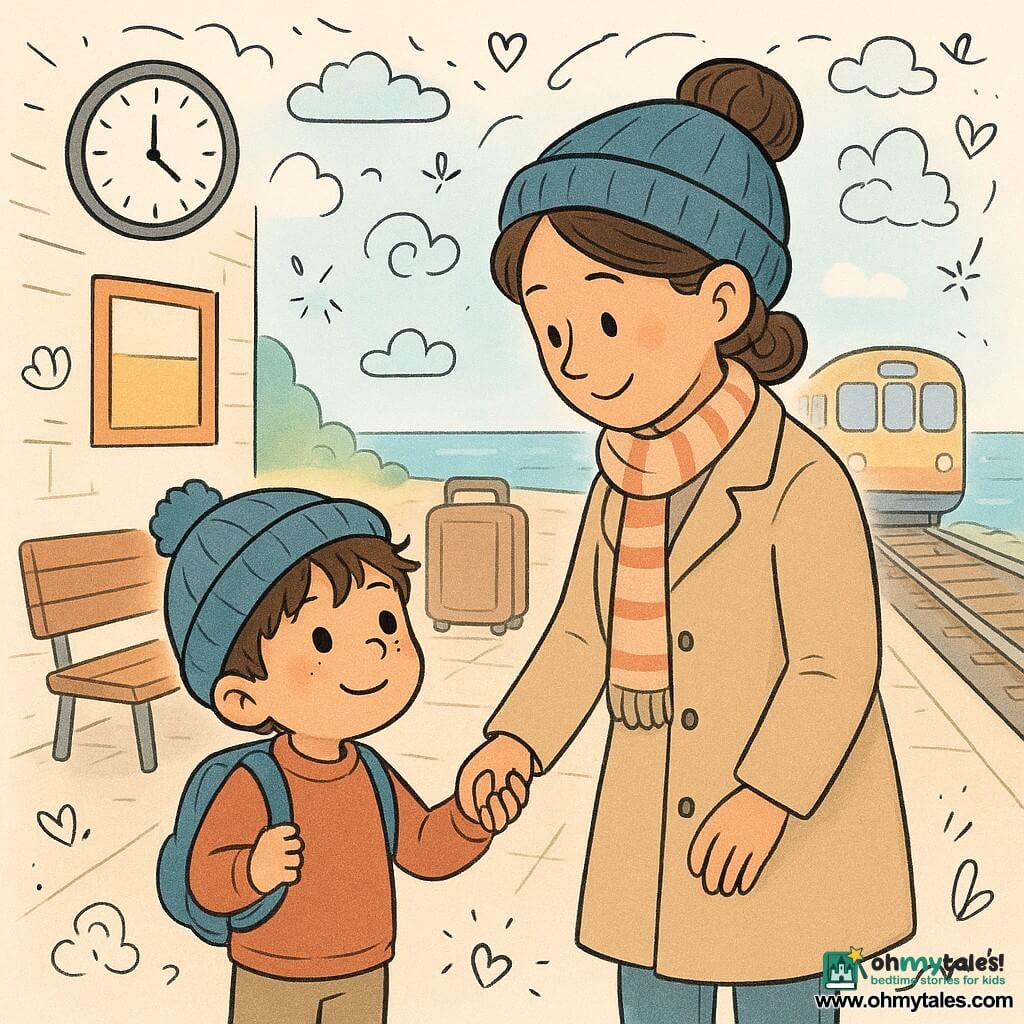 A tender scene on a sunny seaside train platform: a happy, curious 4-year-old boy with tousled brown hair, round cheeks and freckles, wearing a small blue backpack, soft socks and a blue beanie, holds his mother's hand and watches the tracks in wonder; the mother, about 30–35, smiling and gentle with chestnut hair in a bun, wearing a beige coat and striped scarf, leans in to speak to him. Colorful signs, wooden benches, rolling suitcases, a round wall clock and patches of light on tiled floor; pastel tones and childlike doodles of shells and clouds suggest a warm, anticipatory atmosphere as luggage rattles and a train clacks in the distance.