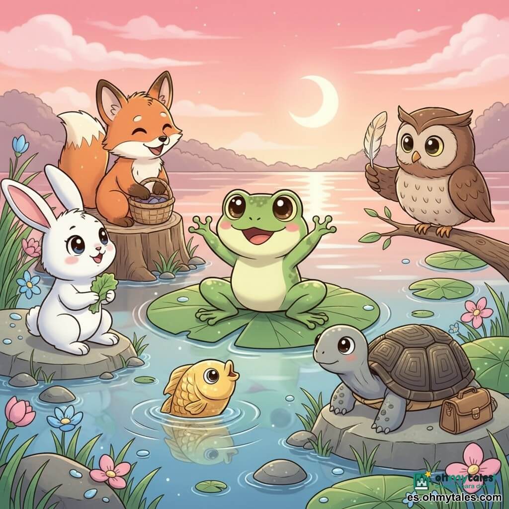 Una pequeña rana verde llamada Lila, ojos redondos y sonrisa dulce, sentada en una gran hoja de nenúfar cantando con las patas delanteras levantadas; un pececito dorado medio fuera del agua junto al nenúfar, escamas brillantes y mirada hacia Lila; un conejo blanco de orejas rosadas a la izquierda, sentado con una hoja de lechuga y expresión agradecida; un búho marrón de grandes ojos amarillos posado en una rama baja a la derecha con una pluma en el pico; un zorro rojizo sentado en una toza con un cesto vacío, riendo suavemente y la cola enroscada; una tortuga gris de caparazón rayada sobre una piedra junto al lago con un pequeño bolso; escenario: lago espejo al crepúsculo que refleja la luna, nenúfares y flores rosas y azul pastel, piedras mojadas y hierba brillante; situación: todos reunidos en la orilla compartiendo una merienda y cuentos en una atmósfera cálida y amistosa bajo la suave luz lunar.