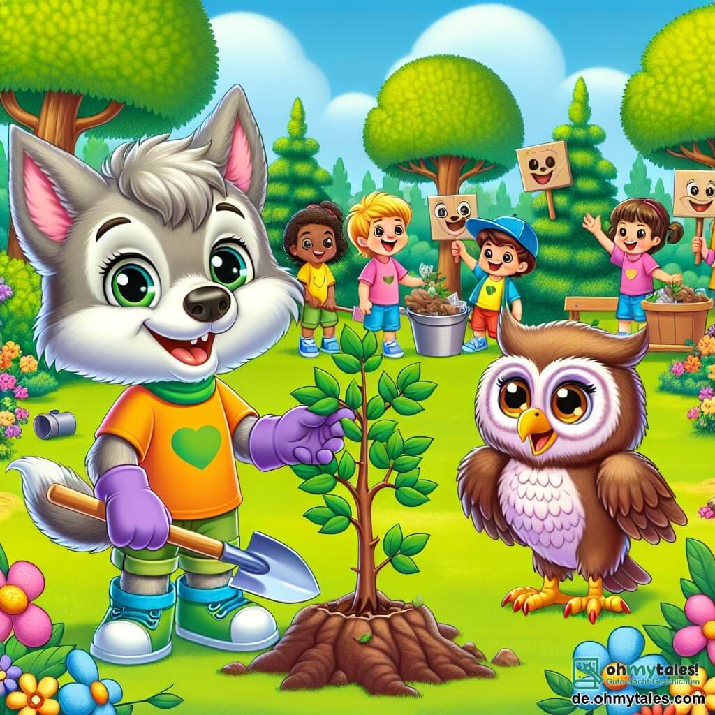 Ein kleiner Wolf mit funkelnden Augen und weichem grauem Fell, der Freude und Stolz ausstrahlt, steht im Zentrum eines grünen Parks und pflanzt mit einer kleinen Schaufel einen jungen Baum. Neben ihm beobachtet eine weise Eule mit braunen Federn und großen runden Augen, die ermutigend lächelt, aufmerksam und gibt Ratschläge, wie man den Baum richtig pflanzt. Im Hintergrund sammeln eine Gruppe von Kindern in bunten T-Shirts, lächelnd und enthusiastisch, Müll und dekorieren den Park mit Zeichnungen auf Pappschildern. Der Ort ist ein sonniger Park, gefüllt mit leuchtenden Blumen, großen grünen Bäumen und einem gut gepflegten Rasen, wo die Atmosphäre fröhlich und voller Energie ist. Die Hauptsituation zeigt den kleinen Wolf und seine Freunde, die zusammenarbeiten, um ihre Umgebung schöner und gesünder zu machen, was den Geist der Zusammenarbeit und der Liebe zur Natur veranschaulicht.