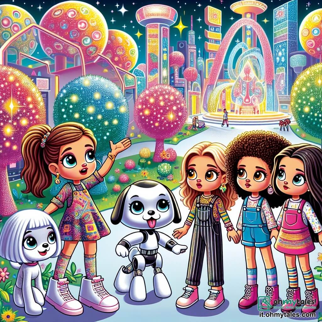 Quattro amiche, Sofia (ragazza, 10 anni, capelli castani e ricci, con un vestito colorato), Giulia (ragazza, 10 anni, capelli biondi e lisci, con una maglietta a fantasia), Marta (ragazza, 10 anni, capelli rossi e ricci, con una salopette) e Lucia (ragazza, 10 anni, capelli neri e lunghi, con pantaloni e una maglietta a righe), si trovano insieme in un parco magico di Lumiville. Il parco è pieno di alberi con foglie scintillanti e fiori luminosi, mentre un piccolo robot a forma di cagnolino le guida con entusiasmo. Sullo sfondo, edifici futuristici dai colori vivaci si ergono verso il cielo, le loro facciate trasparenti riflettono la luce del sole. Le ragazze, affascinate, osservano il robot che sembra invitarle a una nuova avventura, pronte a scoprire i segreti nascosti della loro meravigliosa città.