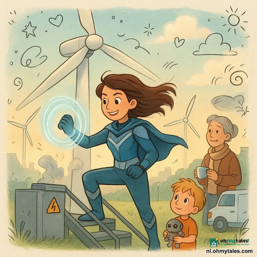 Een heldhaftige vrouw, glimlachend en vastberaden, bruine haren in de wind, blauw-zilveren tenue met korte cape, activeert een lichtgevende armband en vormt een zichtbaar luchtring; geconcentreerd gezicht, dynamische houding op de onderhoudstrap van een grote windmolen. Pim, ongeveer 7 jaar, warrig blond haar, houdt een klein grijs robotje en kijkt naar de stad in de verte, nieuwsgierig en opgelucht bij het gras op de achtergrond. Mira, bibliothecaresse van in de vijftig met grijzend haar in een knot en een sjaal, houdt een kop thee en kijkt dankbaar naar de heldin bij een klein interventievoertuig. Locatie: windmolenpark bij schemering met draaiende witte wieken, groene grasvlakten, grijze kasten met stickers en een lichte nevel voor de verre stad. Situatie: de heldin blokkeert een rokende machine aan de basis van een windmolen; een transparante spiralerende windring drijft groene damp weg; optimistische sfeer, warme contrasten, actie en samenwerking centraal.