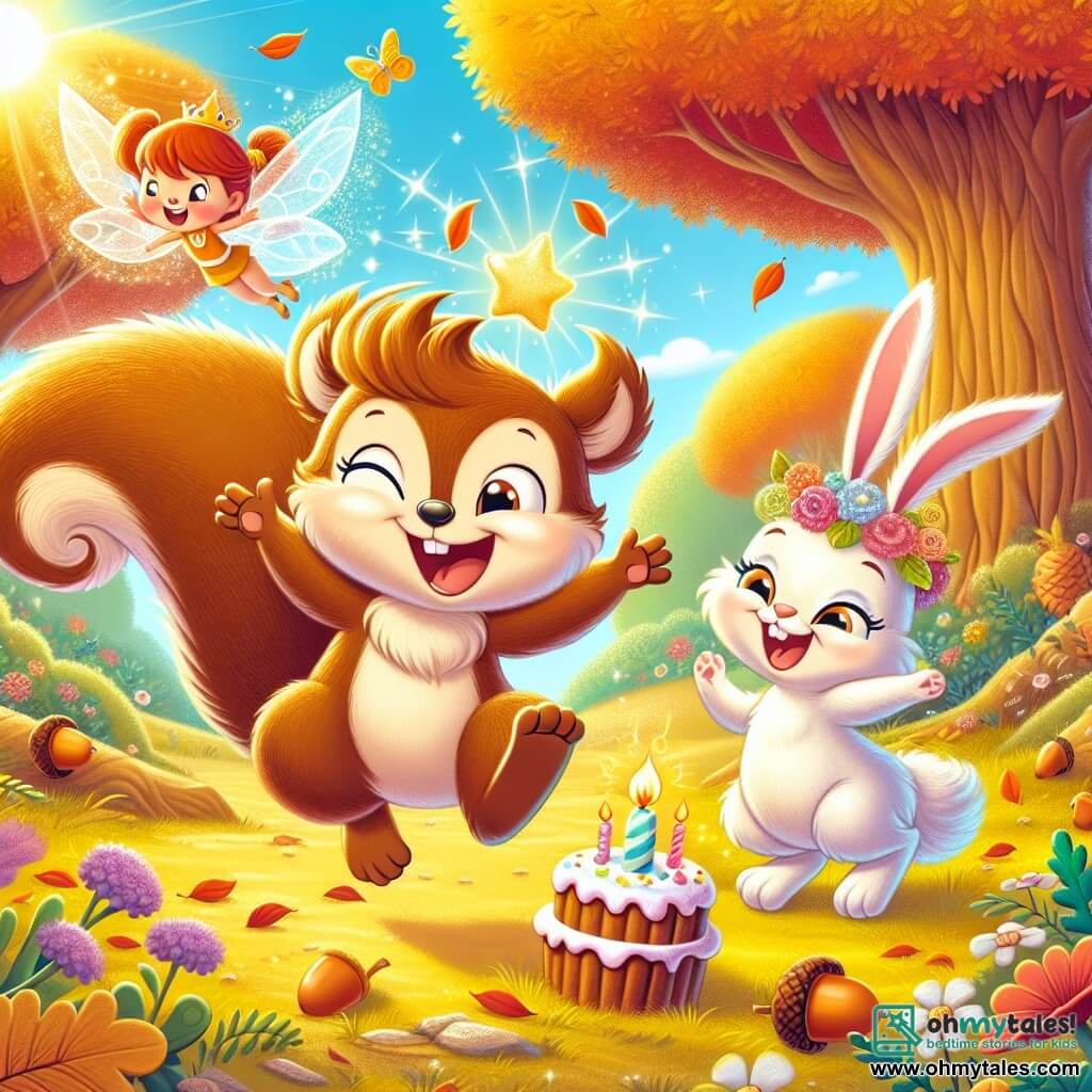 A little squirrel named Nutty, with soft brown fur and a bushy tail, jumps for joy in a sunny clearing, his face radiating happiness for his birthday. Next to him, a small rabbit named Pip, with big ears and white fur, smiles enthusiastically while holding a small carrot decorated like a birthday cake. In the sky, a sparkling fairy named Twinkle, with shiny wings and a dress made of flower petals, joyfully flutters above them, spreading magical dust. The clearing is surrounded by majestic trees with colorful leaves, and the ground is scattered with golden leaves and shiny acorns. Nutty and Pip dance together while Twinkle watches them with a smile, creating a festive and magical atmosphere to celebrate Nutty's birthday.