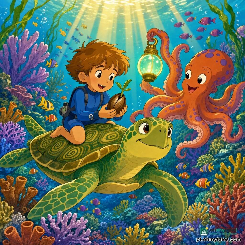 Garoto de 8 anos, rosto redondo, cabelo castanho claro bagunçado, olhos grandes e curiosos, sorrindo de encanto, veste uma pequena roupa de mergulho azul e segura delicadamente uma semente de mangue brilhante; uma grande tartaruga marinha amiga, carapaça verde-amarelada com padrões em espiral, nada suavemente abaixo e atrás dele carregando-o nas costas, olhar doce e protetor; um polvo laranja-violeta de olhar malicioso, tentáculos ondulantes, está à direita do garoto sorrindo e segurando uma pequena lâmpada bioluminescente; cenário: floresta de corais coloridos com corais em leque e dedo, algas verdes flutuantes e cardumes de peixes multicoloridos, raios de sol dourados atravessando água turquesa; cena submarina calma e mágica centrada no trio, atmosfera calorosa e luminosa, cores saturadas, contornos nítidos, estilo desenho animado anos 90 com expressões exageradas e texturas simples para crianças.
