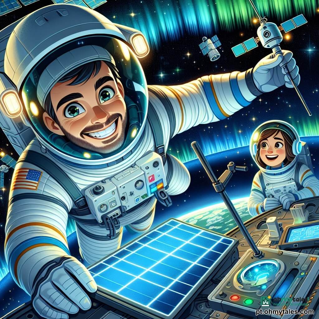 Um astronauta homem, Miguel, flutua alegremente no espaço, com um grande sorriso iluminado pela luz das estrelas. Ele usa um traje espacial branco e prateado, com um capacete transparente que reflete as cores das auroras boreais ao fundo. Seus olhos brilham de maravilha e excitação enquanto ajusta o mini-satélite que acabou de construir. Perto dele, Ana, uma jovem de cerca de 30 anos, observa atentamente do módulo espacial. Ela tem cabelos castanhos presos em um rabo de cavalo e veste um traje de controle azul. Ela sorri com orgulho enquanto segura uma tela de controle, analisando os dados do satélite. O local é uma estação espacial flutuante, cercada por um céu negro estrelado, com painéis solares cintilantes e janelas que mostram a Terra abaixo, azul e verde. Luzes piscantes e instrumentos tecnológicos adicionam um toque futurista ao ambiente. A cena principal mostra Miguel fixando o mini-satélite no braço do painel solar, enquanto um suave alarme luminoso se acende, sinalizando que tudo está funcionando perfeitamente. As auroras dançam ao fundo, criando uma atmosfera mágica e inspiradora.