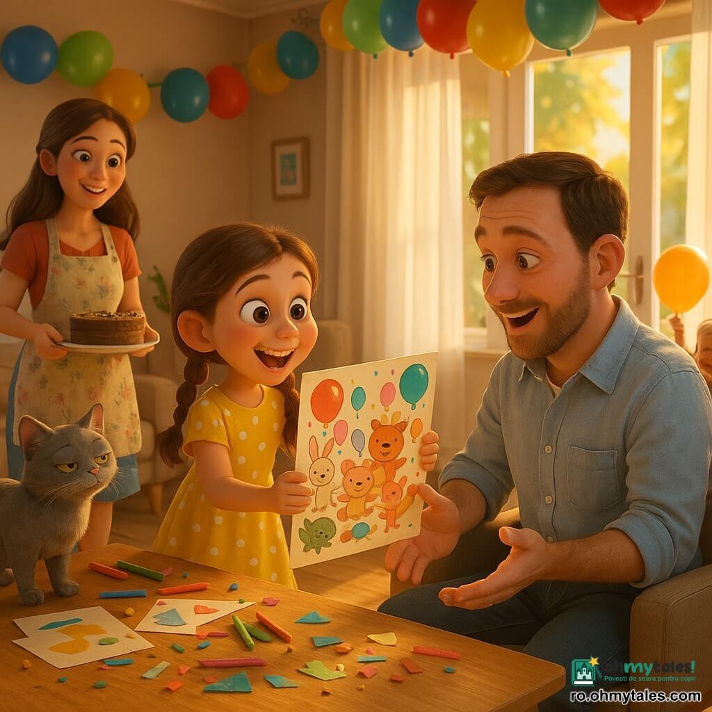 O fetiță de 8 ani, entuziasmată și mândră, părul șaten în două codițe, purtând o rochie galbenă cu buline albe, ține o mare felicitare colorată decorată cu inimioare și baloane, zâmbind larg și întinzând-o tatălui; un bărbat de ~35 ani, cu chip blând și barbă de câteva zile, cămașă albastru deschis, stă pe un fotoliu confortabil în centru, surprins și emoționat, cu mâinile pregătite să primească felicitarea; o femeie de ~33 ani, păr lung castaniu, poartă un șorț cu flori și ține un vas cu prăjitură cu ciocolată, stând lângă masă în stânga tatălui, zâmbind către fetiță; un băiețel de ~5 ani, păr blond scurt, tricou verde, ține un balon gonflat și sare vesel lângă ușă privind scena; o pisicuță gri, Dodo, stă pe masă curioasă; living luminos cu parchet deschis, draperii albe plutitoare, ghirlande de baloane colorate atârnate de tavan și o masă mare cu creioane, decupaje și firimituri de tort; momentul principal: oferirea surpriză a unei felicitări făcute în casă de Ziua Tatălui, atmosferă caldă, culori vii, expresii tandre și ușor exagerate, lumină blândă de sfârșit de după-amiază; stil 3D film de animație, texturi moi, volume rotunjite, randare luminoasă și contraste calde.