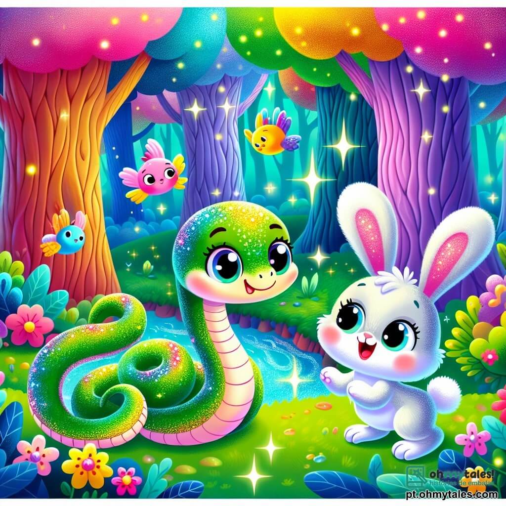 Um pequeno serpente chamado Sisi, com escamas verdes brilhantes e olhos curiosos, se contorce alegremente perto de um riacho cintilante, com um sorriso maravilhado no rosto. Ao lado dele, Tico, um coelhinho de grandes orelhas brancas e pelagem macia, salta com entusiasmo, seus olhos brilhando de alegria, incentivando Sisi a explorar. O cenário é uma floresta mágica, com árvores de troncos coloridos e folhas cintilantes, onde flores multicoloridas dançam ao ritmo do vento e pássaros cantam melodias alegres. Nesta cena, Sisi, embora tímido, começa a se sentir corajoso, pronto para se aventurar além de sua zona de conforto, enquanto Tico o incentiva com um grande sorriso, criando uma atmosfera de camaradagem e magia.