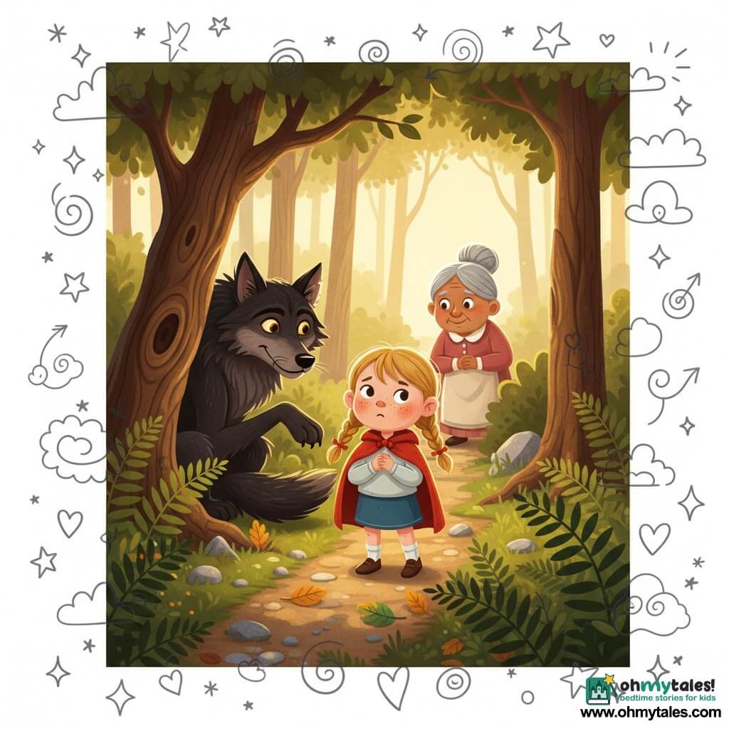 A 6-year-old girl with a round, freckled face and blond hair in two braids, wearing a small red cape and looking brave but slightly worried as she clutches her cape on a narrow forest path; a kindly smiling grandmother in her 70s with gray hair in a bun watches from the path entrance in the background; a large dark-coated male wolf with bright, sly eyes crouches partly behind a twisted oak at the path’s edge as if suggesting a detour; setting: narrow fern-lined trail, tall rough-trunked trees, golden light filtering through leaves, a tale-like scene with warm colors and soft contrasts, a simple non-threatening visual confrontation—girl resolute on the path, wolf distracting from the shadows, grandmother watching from a distance.