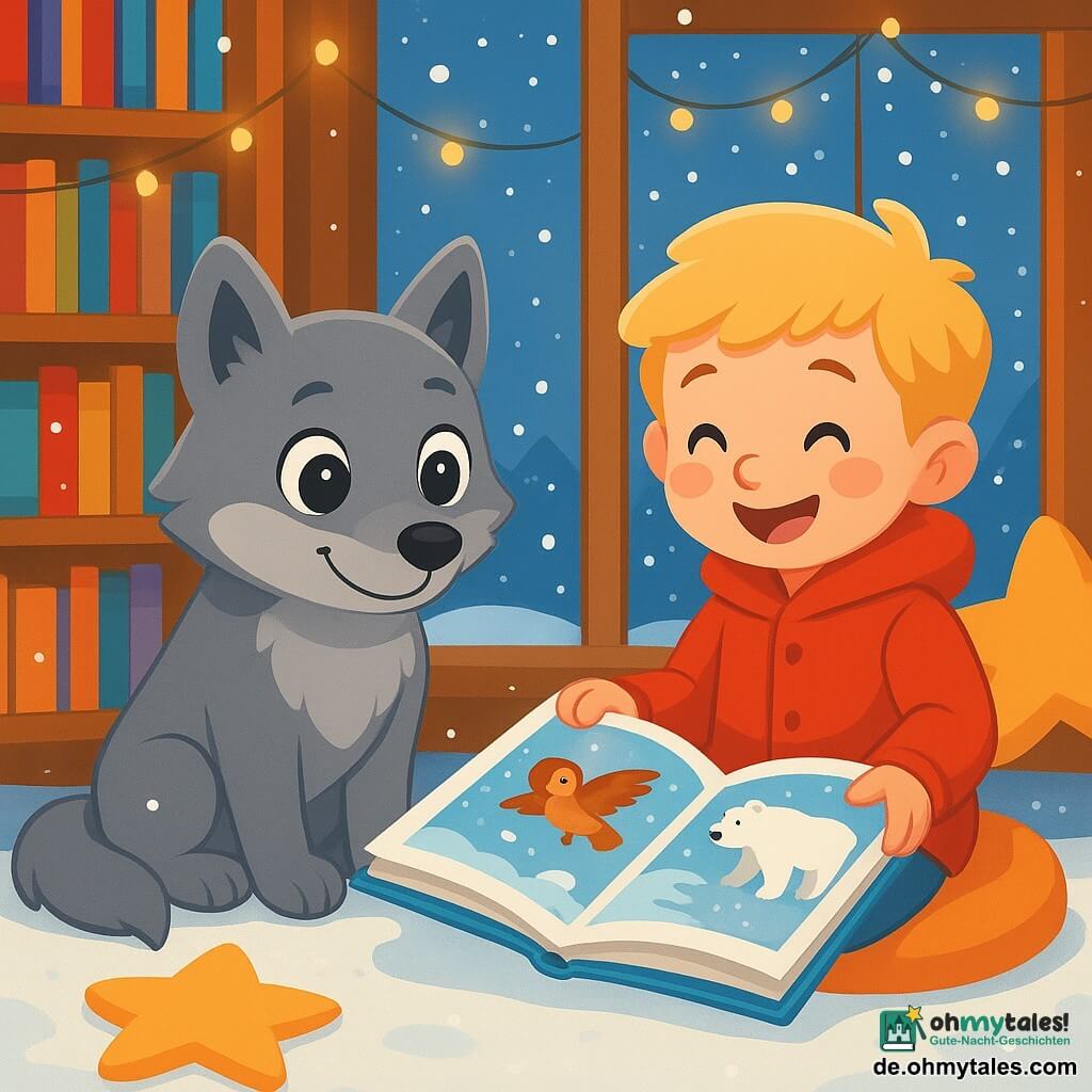 Ein kleiner grauer Wolf namens Linus mit großen, leuchtenden Augen und einem schüchternen Lächeln sitzt auf einem weichen Schneeteppich, umgeben von langsam fallenden Schneeflocken. Er schaut fasziniert auf ein offenes Buch vor ihm, in dem Bilder von Wintertieren auf den Seiten tanzen. Neben ihm sitzt ein kleiner Junge mit blonden Haaren und roten Wangen, der einen leuchtend roten Mantel trägt und fröhlich lächelt, während er eine Illustration eines Eisbären zeigt. Er sitzt auf einem weichen Kissen, seine Augen funkeln vor Aufregung. Die Umgebung ist eine gemütliche Kinderbibliothek mit Regalen voller bunter Bücher, sanften Lichtern, die funkeln, und großen, sternförmigen Kissen, die auf dem Boden verstreut sind. Die Hauptszene zeigt Linus und seinen neuen Freund, die einen Moment der Freude teilen, vertieft in ihr Buch, umgeben von der Magie des Winters, die durch die Fenster strömt und eine warme, einladende Atmosphäre schafft.