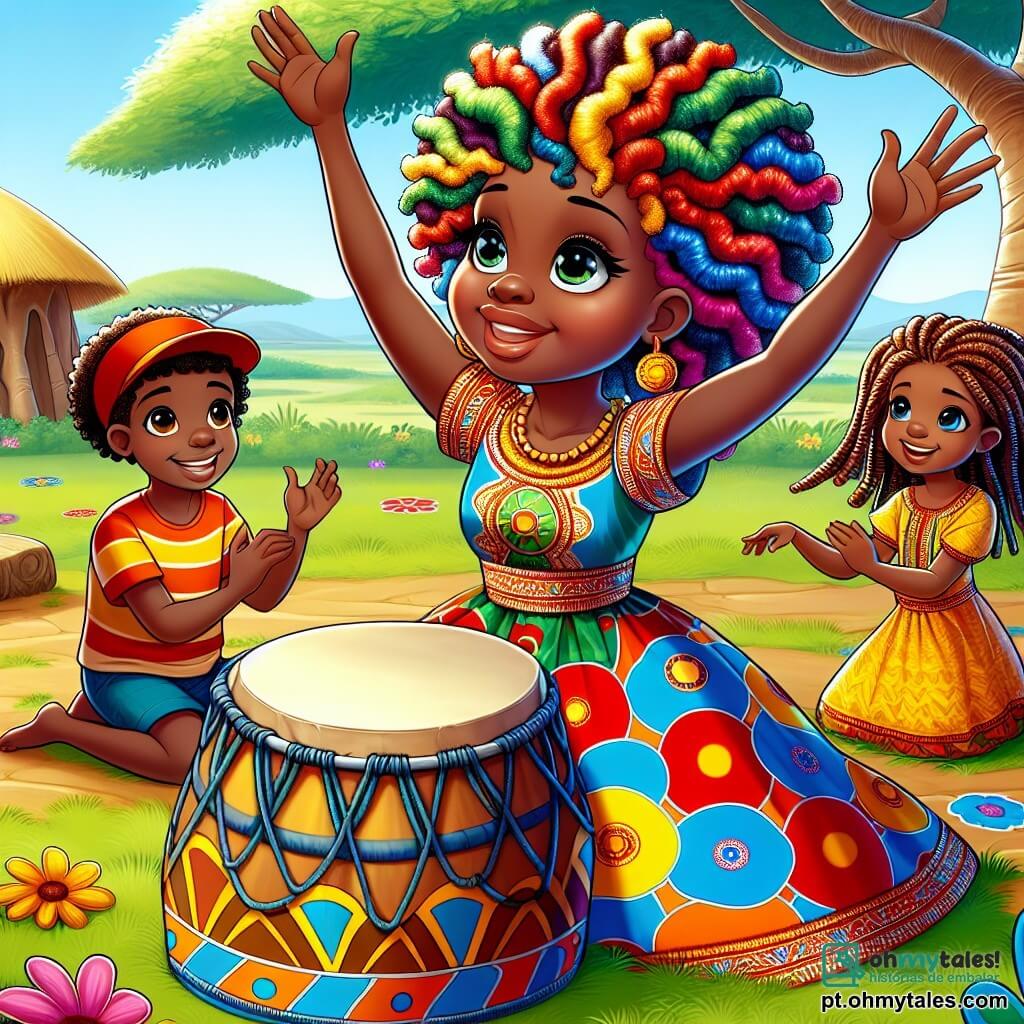 A Cheffe Nana, uma mulher forte com cabelos crespos e brilhantes, veste um vestido colorido adornado com padrões africanos. Ela tem um sorriso caloroso e determinado, levantando os braços para reunir as crianças. Ao seu lado, um menino de 6 anos, com olhos brilhantes e um boné vermelho, brinca com uma menina de 5 anos, que tem tranças longas e um vestido amarelo brilhante. Eles estão sentados na grama verde, cercados por flores coloridas. O local é uma clareira ensolarada, com um majestoso baobá no centro, e o grande tambor da aldeia repousa aos seus pés, silencioso. A cena principal mostra Nana incentivando as crianças a brincarem juntas para fazer ressoar o tambor alegre, preenchendo o ar com risos e felicidade.
