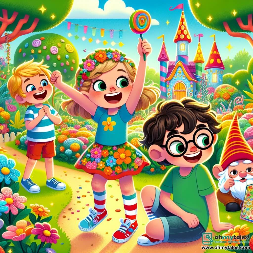 In an enchanted garden, three friends stand at the center of the scene. Benny, an 11-year-old boy with messy brown hair and round glasses, is joyfully dancing with his arms raised and a big smile on his face, wearing a blue t-shirt and red shorts. To his right, Lucy, an 11-year-old girl with braided blonde hair and glasses, is laughing while holding a colorful treasure map, dressed in a floral dress and sandals. On the left, Max, an 11-year-old boy with curly black hair, crouches with a mischievous look, observing a garden gnome, wearing a green t-shirt and shorts. The garden is vibrant with sparkling flowers, candy-like trees, and a bright blue sky. In the background, a majestic candy castle stands with licorice walls and candy cane windows. The main scene shows the three friends discovering an angry gnome after being knocked over, while a licorice dragon approaches them with a mischievous smile. The atmosphere is filled with laughter and adventure, capturing the playful spirit of their magical quest.