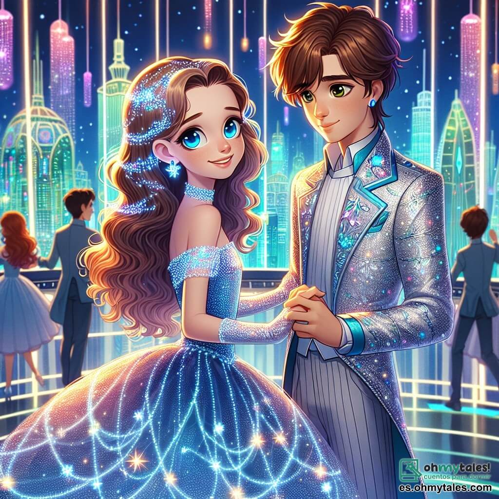 Cenicienta, una joven de aproximadamente 16 años, se encuentra en el centro del escenario, vestida con un magnífico y brillante vestido azul que brilla como un cielo estrellado. Su cabello, largo y ondulado, está adornado con pequeñas estrellas brillantes, y su rostro expresa una alegría mezclada de asombro mientras baila con el Príncipe Eléctrico. El Príncipe Eléctrico, un joven de unos 18 años, tiene cabello castaño y ojos chispeantes de curiosidad. Lleva un traje futurista en tonos plateados, iluminado por patrones luminosos. Sonríe a Cenicienta, cautivado por su gracia y amabilidad, mientras sostiene delicadamente su mano. En el fondo, la escena se desarrolla en un gran baile flotante sobre la ciudad de Metrópolis Esmeralda, donde luces de colores brillantes parpadean a su alrededor. Rascacielos futuristas, adornados con neones vibrantes, se alzan majestuosamente, mientras suaves y esponjosos nubes flotan alrededor de la plataforma del baile. La situación principal muestra a Cenicienta y al Príncipe Eléctrico en un baile alegre, rodeados de luces centelleantes y música, simbolizando la esperanza y la magia de un nuevo comienzo.