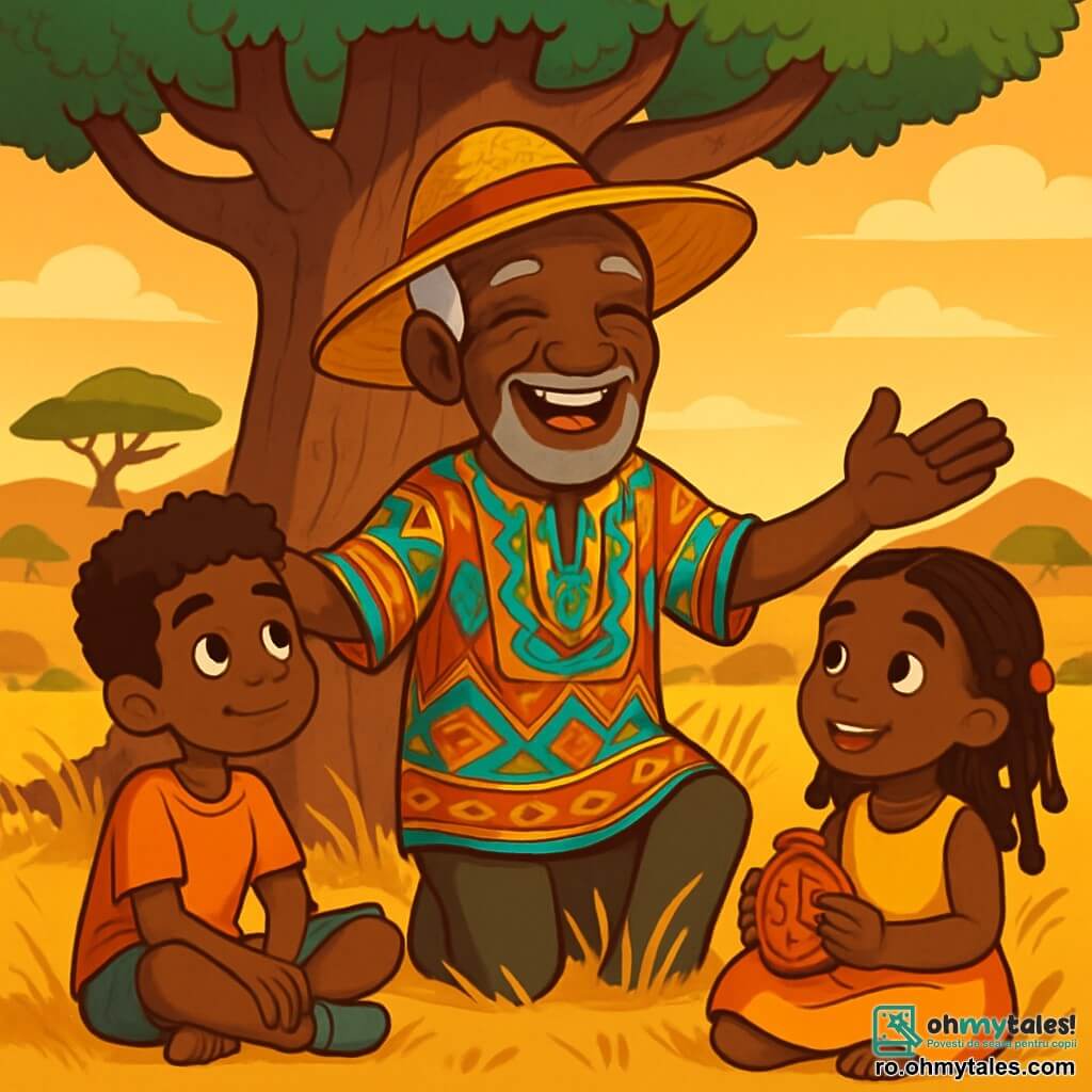 Un bărbat în vârstă, Kofi, cu pielea brună marcată de timp, ochi strălucitori de înțelepciune și un zâmbet larg și binevoitor, stă sub un baobab majestuos. Poartă o tunică colorată cu motive africane și o pălărie mare din paie. Kofi le povestește copiilor o poveste captivantă, cu brațele deschise, exprimând o bucurie contagioasă. Printre copii, Adama, un băiat de zece ani cu părul creț și ochi curioși, ascultă atent, așezat în fund pe pământ. Lângă el, Amina, o fetiță de nouă ani cu împletituri împodobite cu mărgele colorate, zâmbește și îl privește pe Kofi cu admirație, ținând în mâini o amuletă din lut. Scena se desfășoară într-o savană aurie, luminată de soarele apus, unde iarba dansează ușor în bătaia vântului. În fundal, colinele ondulate și câțiva copaci rari adaugă profunzime peisajului. Kofi povestește despre importanța prieteniei și a împărtășirii, captând atenția copiilor, care sunt fascinați, cu ochii strălucind de entuziasm și curiozitate.