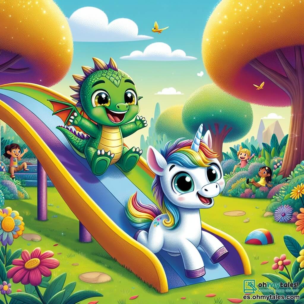 Dimi, un pequeño dragón de escamas verdes brillantes y ojos amarillos chispeantes, se desliza alegremente por un gran tobogán colorido, con una amplia sonrisa en su rostro. A su lado, Luni, un pequeño unicornio con una melena arcoíris y ojos dulces, expresa emoción y un poco de aprensión mientras se prepara para bajar por el tobogán. El decorado es un jardín escolar mágico, lleno de flores multicolores, grandes árboles con hojas brillantes y otros niños que juegan al fondo. El cielo es azul con algunas nubes blancas esponjosas, y el sol brilla alegremente. La escena muestra a Dimi y Luni en plena acción, deslizándose juntos por el tobogán, rodeados de una atmósfera de alegría y amistad, ilustrando el momento en que Luni supera su timidez y comienza a divertirse en su nueva escuela.