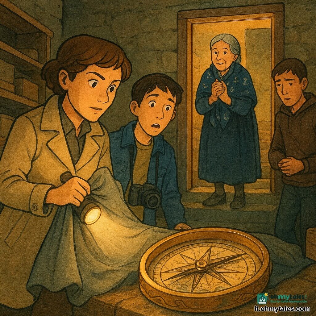 Detective donna circa 35 anni, sguardo concentrato e dolce, capelli castani corti, cappotto beige chiaro e stivali, tiene una torcia in una mano e una piccola lente nell’altra, espressione determinata e compassionevole; giornalista uomo circa 28 anni, corporatura snella, giacca di jeans e macchina fotografica al collo, dietro la detective con la bocca spalancata dallo stupore, illuminato dalla torcia; proprietaria donna circa 60 anni, capelli grigi intrecciati, sciarpa a motivi marini, sullo zerbino in cima ai gradini con le mani giunte, viso sollevato e commosso; ragazzo Tommaso 17 anni con felpa con cappuccio, volto adolescente preoccupato, in disparte vicino alla porta della cantina con una piccola cassetta degli attrezzi, sguardo colpevole ma sollevato; custode Arturo circa 50 anni, baffi sottili, giacca consumata, appoggiato al muro della cantina con la testa china e aria pentita; luogo: una cantina e un piccolo ripostiglio sotto una bottega di oggetti marini, pareti di pietra umida, scaffali di legno impolverati e scatole impilate, luce calda gialla della torcia che crea ombre lunghe e riflessi sul rame; situazione principale: la detective solleva un grande telo grigio e rivela una grande bussola in rame con incisioni di onde e una macchia di vernice verde sul bordo, tutti guardano la bussola scoperta con emozioni diverse (sollievo, vergogna, sorpresa); stile visivo: colori caldi e contrastati, linee chiare ed espressive, dettagli materici (legno, metallo, polvere), composizione centrata sulla bussola, atmosfera di mistero risolto ma benevola.
