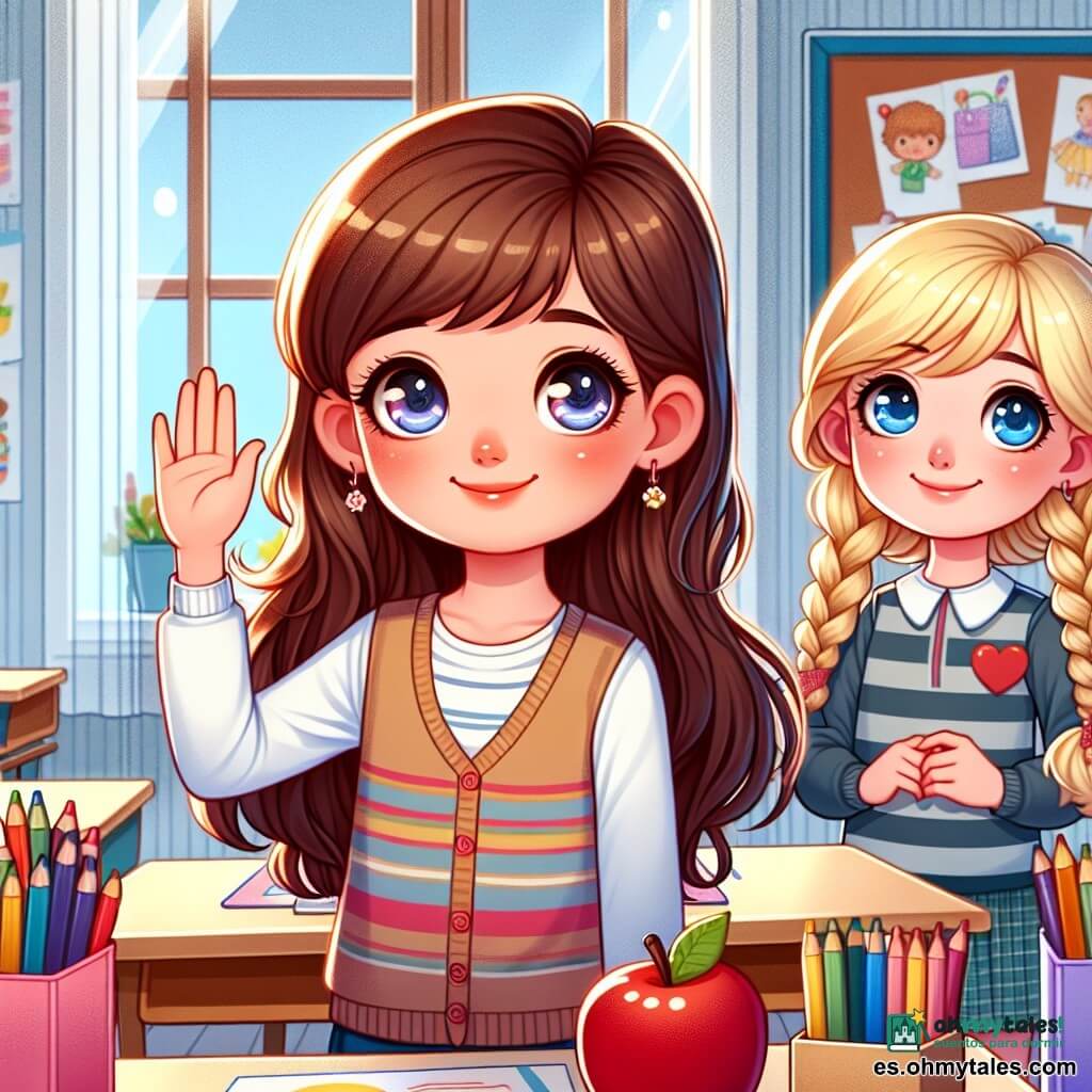 Una niña de 8 años, Lucía, con largos cabellos castaños y ojos llenos de curiosidad, está de pie en un aula luminosa. Tiene una sonrisa tímida pero decidida, con las mejillas ligeramente sonrojadas por la emoción. Levanta la mano, lista para hacer una pregunta, rodeada de útiles coloridos: lápices, papeles y un gran cartón. A su lado, su compañera Jana, también de 8 años, con trenzas rubias y una cara sonriente, la anima con una mirada amistosa. Sostiene una manzana roja en su mano, lista para compartir. El aula está decorada con paredes pintadas de azul claro, dibujos de niños colgados y ventanas que dejan entrar la luz del sol, creando un ambiente cálido y acogedor. Lucía, llena de valor, se prepara para hacer su pregunta sobre el proyecto de construcción de un vehículo de cartón, ilustrando así el tema de la confianza en uno mismo y la importancia de pedir ayuda.
