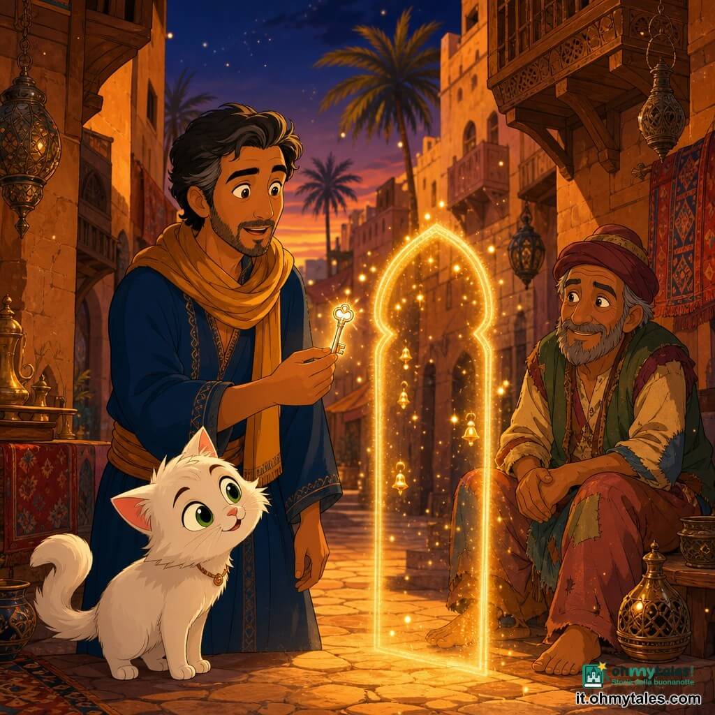 Un uomo adulto di nome Nadir, capelli neri appena brizzolati e pelle abbronzata, veste una tunica blu profondo e un foulard ocra, ha un'espressione meravigliata e serena e tiene nel palmo una piccola chiave dorata che sembra fatta di zucchero scintillante; accanto a lui è seduto un ragazzo-gatto bianco dal pelo soffice e grandi occhi verdi che guarda la chiave inclinando la testa; a destra, un mendicante di circa 50 anni dai vestiti consumati ma colorati sorride con benevolenza osservando la scena; sullo sfondo una stretta via in stile Mille e Una Notte al crepuscolo con case ocra, balconi in legno intagliato, palme in silhouette e lanterne sospese spente, mentre davanti a Nadir si disegna un piccolo arco di luce come una porta invisibile e campanelle luminose scintillano intorno alla chiave, creando un'atmosfera calma, magica e calda nei toni ocra, rame e blu notte, con texture di tappeti e metallo.
