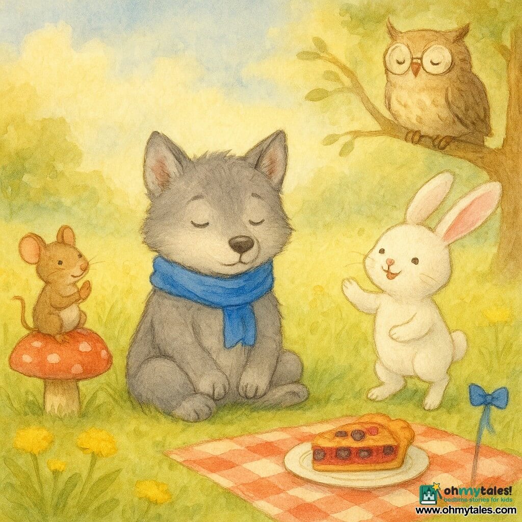 Little Lark, a soft gray wolf cub with bright eyes wearing a vivid blue scarf, sits on the grass calm and focused, breathing slowly with chest rising and falling; Pippa Rabbit, a small white bunny with long pink ears, smiles and hops beside him with a paw raised to encourage; Milo Mouse, a tiny brown mouse with fine whiskers, perches on a large red-and-white spotted mushroom, clapping gently; Hoot, an old beige owl with round glasses, watches from a low branch above; they are in Breeze Meadow, a sunlit meadow of textured green grass and dandelion flowers with a red-and-white checkered picnic blanket, berry cake slices and a small ribbon garland marking the finish line; after a playful race the cub is learning slow breathing while friends wait patiently, in a soft, reassuring atmosphere with a light breeze, tender watercolor colors, gentle textures and delicate outlines.