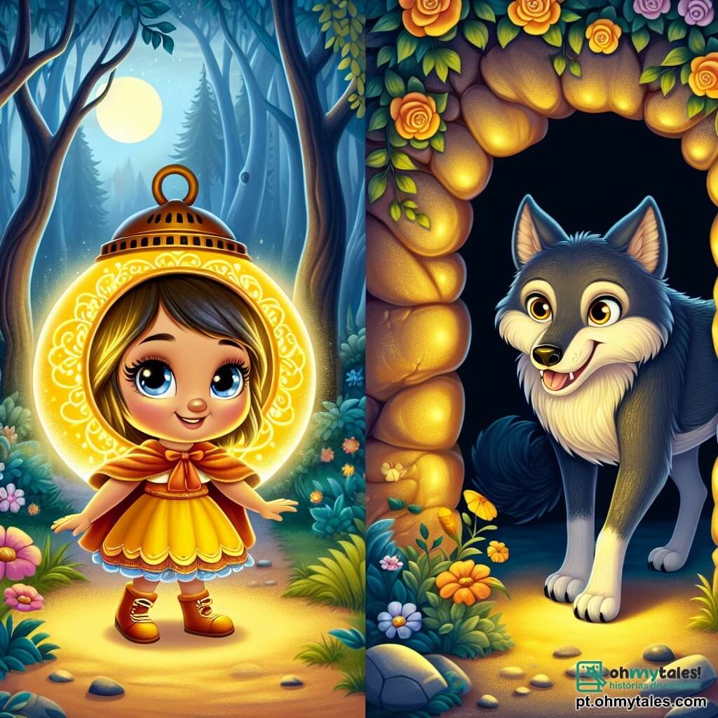 No centro da imagem, uma pequena lanterna chamada Lúcia brilha com uma luz dourada. Ela tem uma forma redonda e sorridente, com olhos cheios de coragem. Lúcia ilumina o caminho à sua frente, pronta para enfrentar o Grande Lobo. À sua esquerda, o Grande Lobo, um lobo cinza de olhos penetrantes, mostra uma expressão de surpresa e curiosidade. Ele tem um pelo espesso e sedoso, e suas orelhas estão atentas à voz de Lúcia, hesitando na sombra de sua caverna. Ao fundo, a caverna é sombria e misteriosa, com rochas rugosas. Do lado de fora, a floresta é vibrante, cheia de flores e árvores majestosas, banhadas pela luz dourada de Lúcia. A cena principal mostra Lúcia, determinada, encorajando o Grande Lobo a abraçar a luz e deixar suas medos. O contraste entre a luz de Lúcia e a sombra da caverna representa a luta entre o medo e a esperança.