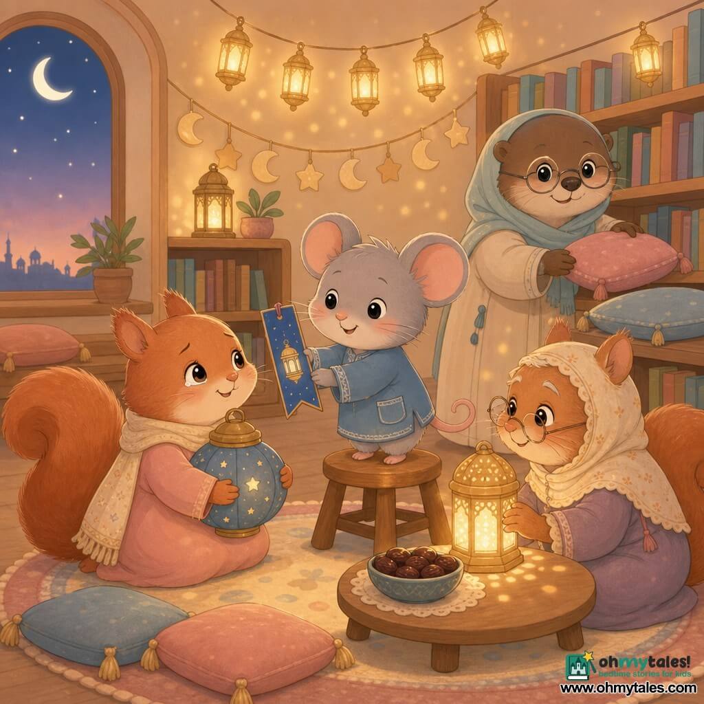 Mina the small, round anthropomorphic mouse with soft gray fur and a proud, warm smile stands on a wooden stool holding a blue bookmark with a lantern drawing; Juniper the red squirrel to her left hugs a round blue lantern and looks grateful; Grandma Saffron, a thin, adorable elderly squirrel with a knitted scarf, sits behind a table holding the lit lantern that casts specks of light; Mrs. Otter the librarian stands by a bookshelf arranging cushions and a bowl of dates; the cozy twilight library interior has light wood shelves of colorful books, a paper moon garland, plush rugs and cushions, and a string of small golden lanterns casting soft light; the scene, centered and minimal with gentle pastel warm colors (ochre, sky blue, pale pink), shows a quiet, shared Ramadan moment as Mina gives her bookmark to Juniper in a kawaii minimal style.