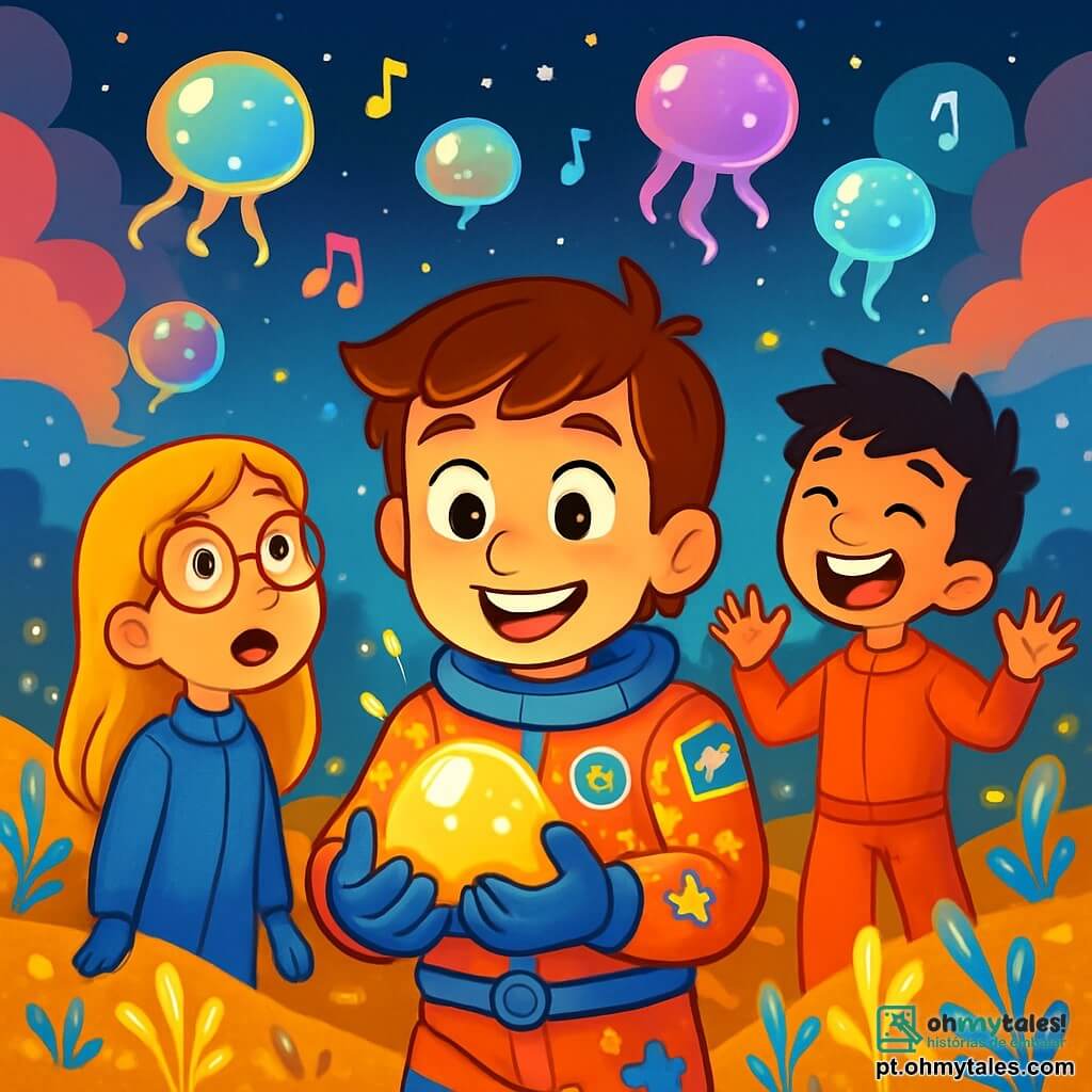 Daniel, um jovem de cabelos castanhos e olhos brilhantes de curiosidade, usa um macacão espacial colorido e brilhante, cheio de adesivos. Ele sorri entusiasticamente, segurando uma pedra luminosa nas mãos, cercado por uma aura de admiração. Ao seu lado, Luna, uma menina de 12 anos com cabelos loiros e óculos redondos, observa o céu com olhos arregalados, fascinada pelas criaturas flutuantes. Pedro, um garoto de 11 anos com cabelos negros bagunçados, ri ao tentar imitar os sons musicais das criaturas, um pouco afastado, com os braços levantados em sinal de alegria. O cenário é uma paisagem extraterrestre espetacular: um solo dourado brilhante, salpicado de plantas luminescentes que dançam suavemente em uma brisa leve. Ao fundo, nuvens coloridas flutuam em um céu estrelado, enquanto criaturas estranhas, parecidas com bolhas de sabão, giram ao redor deles, emitindo luzes cintilantes. A cena principal mostra Daniel e seus amigos, maravilhados com a beleza deste mundo desconhecido, enquanto descobrem a pedra brilhante, símbolo de sua aventura e amizade, em um momento de alegria e exploração.