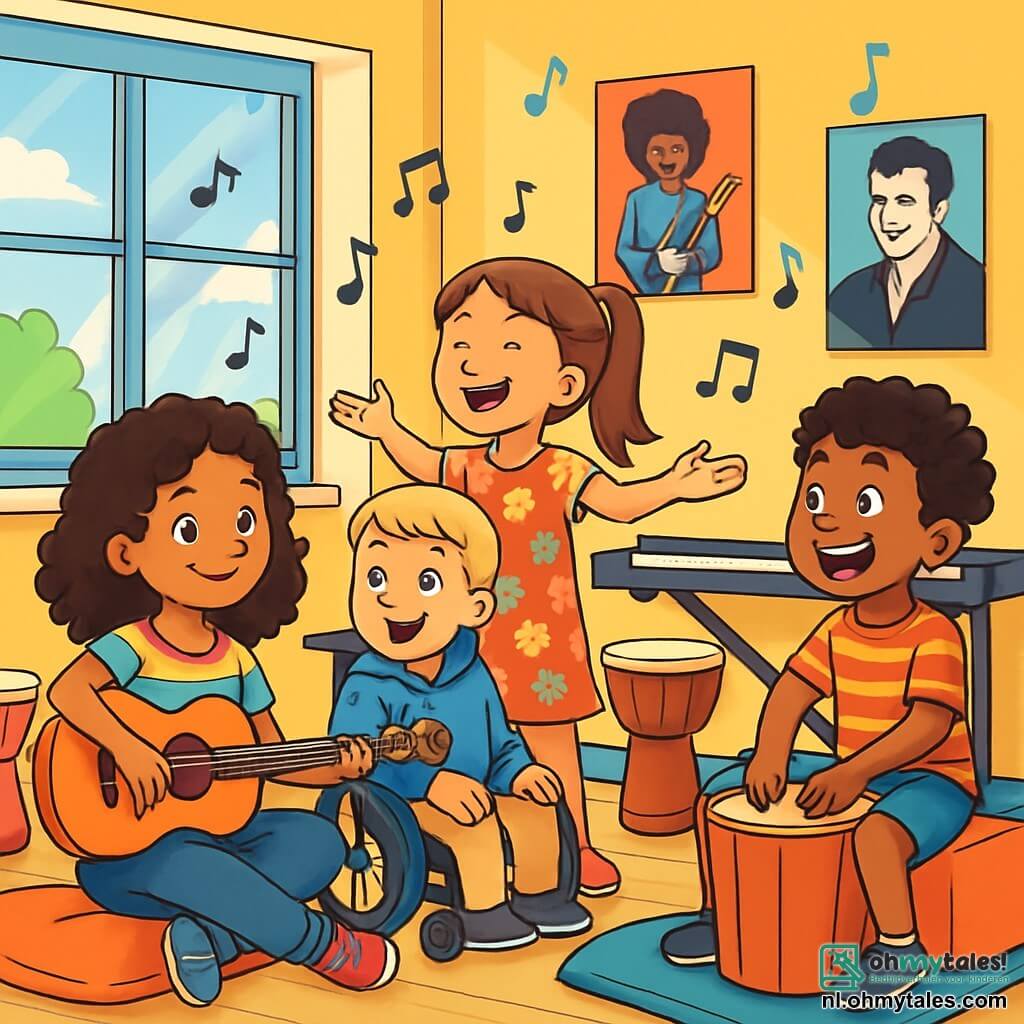 Er zijn 4 kinderen: - Roos: een 9-jarig meisje met krullend bruin haar, in een kleurrijk t-shirt en een spijkerbroek. Ze zit op de grond met een gitaar en heeft een zelfverzekerde glimlach. - Sam: een 10-jarige jongen met kort blond haar, zittend in een rolstoel. Hij draagt een blauwe hoodie en kijkt Roos bewonderend aan met sprankelende ogen. - Lisa: een 9-jarig meisje met lang, steil haar in een paardenstaart. Ze draagt een bloemenjurk en staat te zingen met open armen, alsof ze de muziek omarmt. - Max: een 9-jarige jongen met krullend zwart haar in een gestreept t-shirt. Hij zit op de grond en slaat met een grote glimlach op een percussiekist, waardoor hij ritme toevoegt aan de melodie. De situatie speelt zich af in een lichte muziekkamer met muren vol posters van beroemde muzikanten. Grote ramen laten zonlicht binnen dat de kleurrijke muziekinstrumenten verlicht. De houten vloer is licht en er zijn kleurrijke kussens om op te zitten. De kinderen componeerden samen muziek: Roos speelt gitaar, Lisa zingt enthousiast, Max houdt het ritme, en Sam moedigt hen aan met een grote glimlach. De sfeer is vrolijk en creatief, vol muzieknoten die in de lucht zweven, symboliserend hun vriendschap en samenwerking.