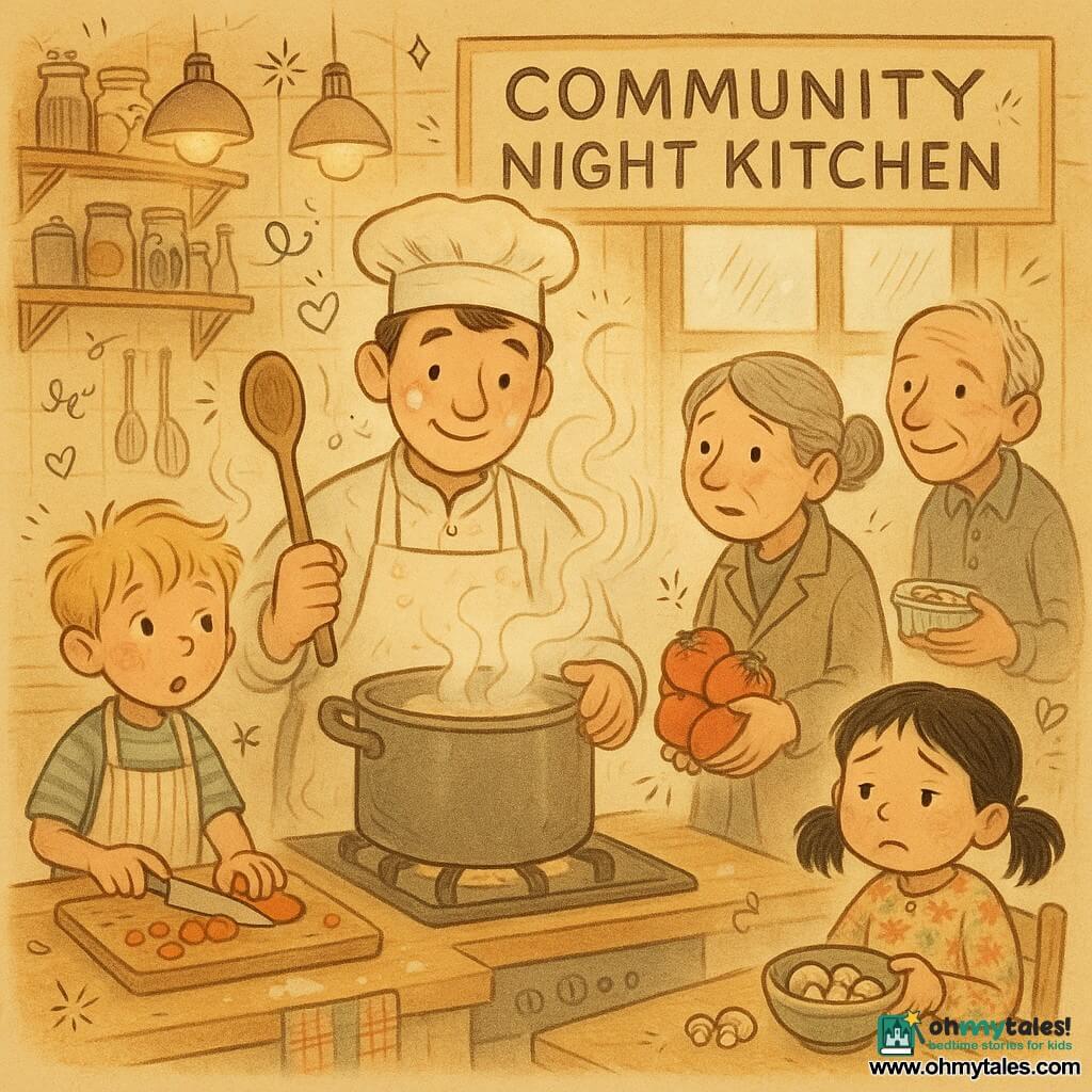 A kind smiling chef in his thirties with a round face dusted in flour, short brown hair, a slightly rumpled white apron and low toque, stirring a steaming pot with a large wooden spoon while gently patting it with his other hand; to his left Milo, about 8, tousled blond hair and curious eyes, wearing a striped kid’s apron and holding a child’s knife over a cutting board with carrot pieces; to the right Mrs. Kwan, about 50, gray hair in a bun and a gentle, slightly worried expression, holding a bag of rinsed tomatoes; a little girl of about 6 with black pigtails and a floral dress sits at a table in the foreground making a hesitant face at a bowl with a few mushrooms; an elderly thin mushroom donor of about 70 with a wrinkled, shy smile holds a small plastic container of mushrooms by the back door; the warm community kitchen has cream-tiled walls, fogged windows, wooden shelves of jars and utensils, a cast-iron pot on a gas stove, flour-marked wooden counters, colorful tea towels and a hand-painted “Community Night Kitchen” sign; the calm moment after a small bustle shows gentle steam rising, warm golden pendant light, the chef lowering the heat as Milo watches, an atmosphere of care and mutual aid with small doodle overlays (steam waves, tiny hearts, little stars).