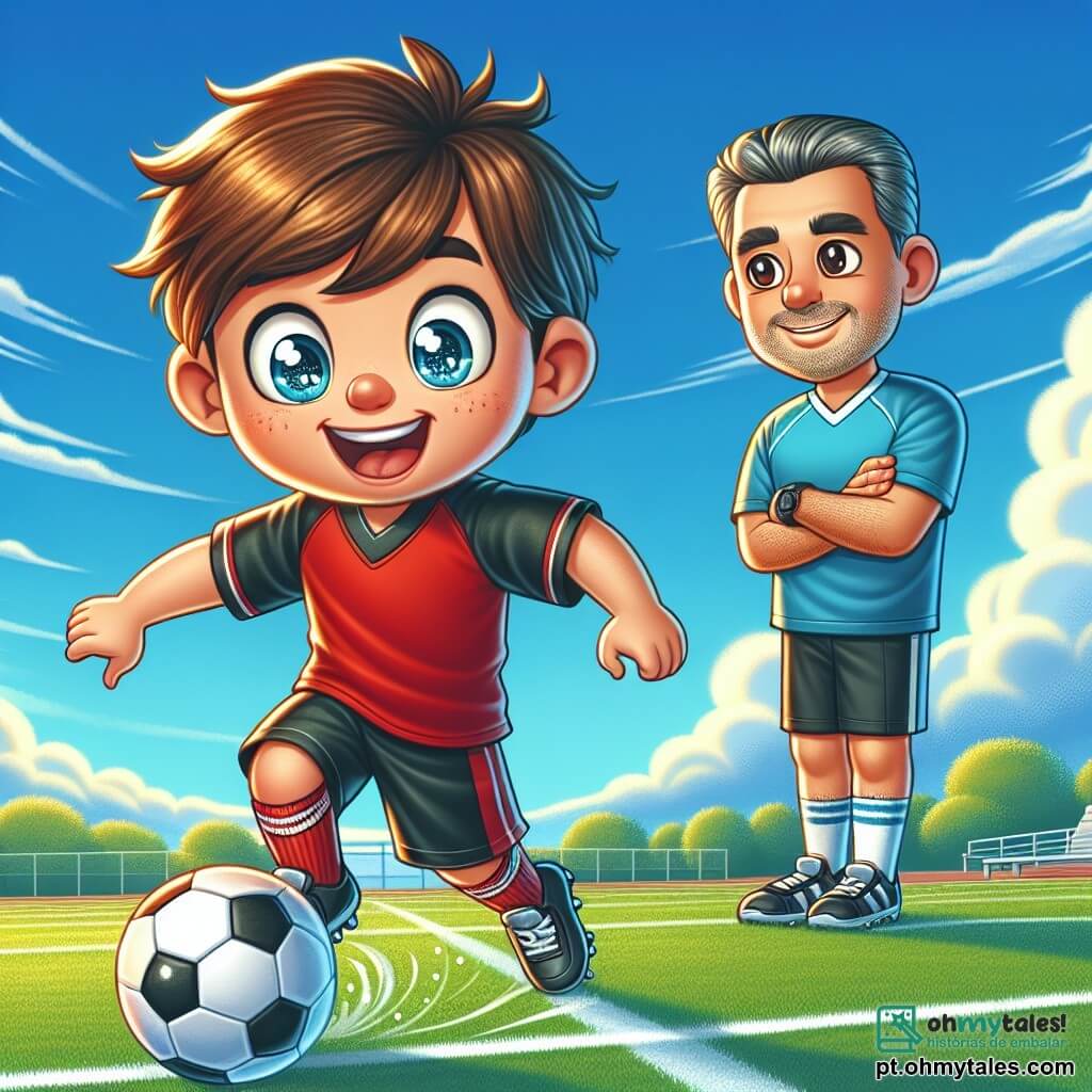 No centro da imagem, Miguel, um garoto de doze anos, é retratado com um largo sorriso no rosto e os olhos brilhando de excitação. Ele tem cabelos castanhos bagunçados e veste uma camisa de futebol vermelha com um short preto. Miguel está driblando uma bola de futebol em um campo verde, seus pés ágeis tocando a bola com facilidade. À sua direita, Ricardo, um homem de cerca de trinta anos, é mostrado com uma postura encorajadora, braços cruzados e um sorriso orgulhoso. Ele tem cabelos curtos e uma barba bem feita, vestindo uma camisa de futebol azul e calças esportivas. Ricardo observa Miguel com admiração, pronto para dar conselhos. Ao fundo, o campo de futebol é cercado por espectadores entusiasmados, com crianças e adultos aplaudindo. O céu é azul brilhante, com algumas nuvens brancas flutuando. Árvores verdes emolduram o campo, adicionando um toque de natureza a esta cena alegre. A situação principal mostra Miguel em ação, driblando a bola com determinação, enquanto Ricardo o encoraja, criando uma atmosfera de camaradagem e paixão pelo futebol.