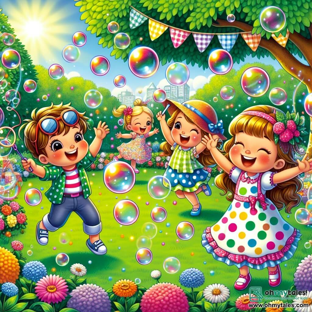 A 5-year-old girl with long brown hair and sparkling eyes is at the center of the image. She wears a colorful polka dot dress and smiles widely with her arms raised, surrounded by shimmering bubbles floating around her. To her right, a 6-year-old boy named Max, wearing a funny hat and sunglasses, laughs as he tries to catch a giant bubble that is escaping. To her left, Mia, a 5-year-old girl with braided blonde hair, joyfully dances with her arms in the air, as if dancing with the bubbles. The setting is a sunny garden filled with colorful flowers and green grass, with a large tree in the background providing shade. Soap bubbles of all sizes float in the air, creating a magical and joyful atmosphere. The main scene shows friends having fun together at a bubble party, laughing and running to catch the flying bubbles, creating a lively and happy scene.