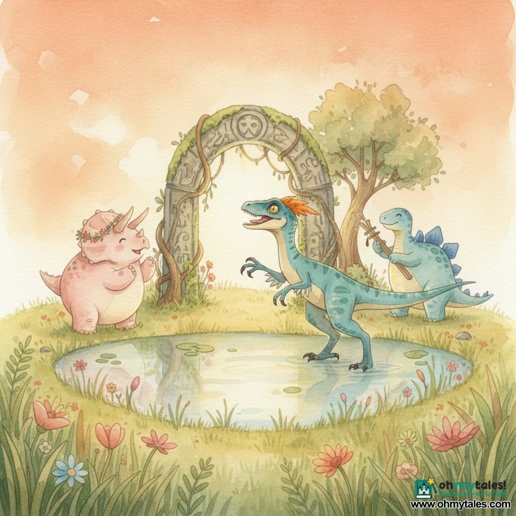 A small velociraptor named Zephyr, excited and awestruck, leads with nose raised and paw extended toward a mossy stone arch; slim, agile, short turquoise feathers with cream belly, bright golden eyes, a small orange crest and a slightly open, curious smile. To Zephyr’s left, Luna the triceratops is sweet and joyful, round and pale pink, clapping hooves with a small flower garland in her horns. In the background, Strum the friendly stegosaurus musician, broad with blue plates, plays a reed-and-shell instrument by a tree. The scene is a hidden hilltop clearing with tall swaying grass, multicolored flowers, a mirror pond reflecting an orange sunset, and a softly glowing ancient stone arch covered in carvings, moss and roots. The mood is warm and wondrous, painted in soft translucent watercolor tones with blurred edges and visible paper texture, composition centered on the arch with the characters arranged in a semicircle.
