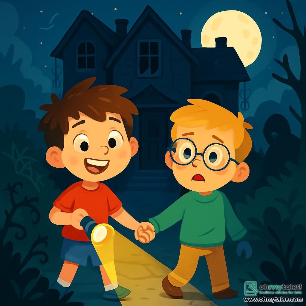 There are two main characters: Charlie, a 7-year-old boy with messy brown hair, wearing a red t-shirt and blue shorts. He has a big smile and holds a flashlight that lights up his curious face. Max, also 7, has blonde hair and round glasses, dressed in a green sweatshirt and beige pants. He looks wide-eyed and a bit worried while holding Charlie's hand. The two friends stand in front of an old haunted house, surrounded by a wild garden. The large, dark house has broken windows that resemble empty eyes. Cobwebs hang in the corners, and brambles climb up the dilapidated facade. The moon shines above, casting silver light on the stone ground and creating eerie shadows. The main scene shows Charlie and Max, brave yet slightly scared, moving toward the creaking door of the house, ready to face the unknown, their flashlights illuminating the path, while a dark figure looms in the shadows behind them, adding a touch of mystery to the illustration.