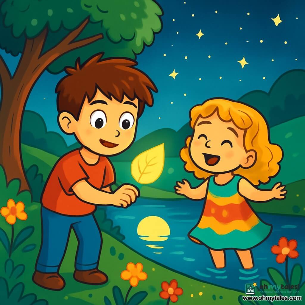 A young man named Eolan, with messy brown hair and curious bright eyes, stands by a sparkling lake, holding a glowing leaf in his hand. His face shows wonder and determination as he looks at the water's surface reflecting the moon. Beside him, a six-year-old girl with golden curls and a radiant smile softly sings, her eyes sparkling with joy. She wears a light dress in vibrant colors that dances in the wind. The scene is enchanting, with lush hills, brightly colored wildflowers, and a starry sky above them. The lake is surrounded by majestic trees whose branches gently lean, creating a magical atmosphere. The main focus is on Eolan, ready to release the leaf's light into the lake, while the little girl sings a sweet melody, drawing the stars' attention, which begin to shine even more brightly.