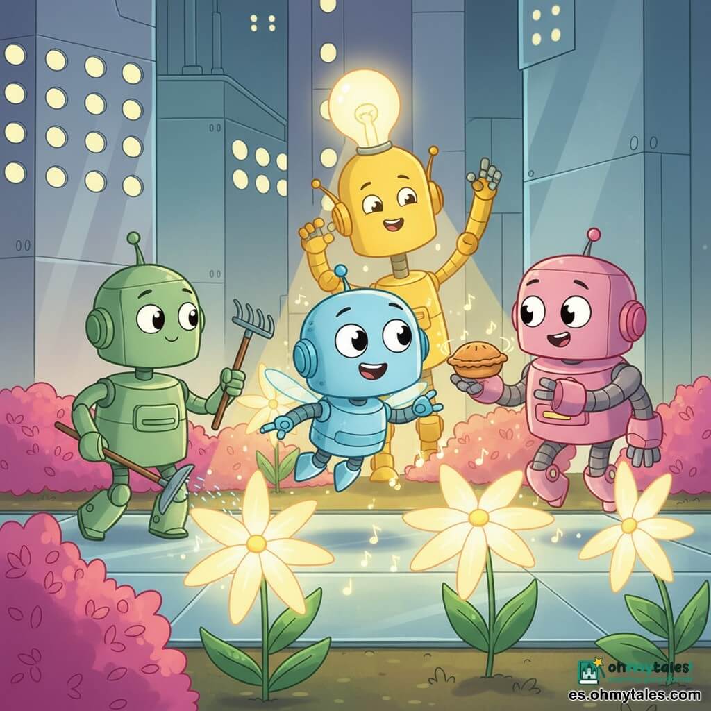 Zippy, un pequeño robot volador azul claro de metal liso con grandes ojos redondos y amplia sonrisa, está alegre y maravillado mientras flota sobre el suelo batiendo pequeñas alas; a su derecha, Tinky, un robot de cocina bajo de acero rosa con manos en forma de espátula, sostiene un mini pastel volante; detrás, Sparky, un esbelto robot-lámpara amarillo con una bombilla en la cabeza, proyecta una luz dorada sobre las flores; a la izquierda y en primer plano, Flo, un robot jardinero verde con un rastrillo diminuto, riega con ternura una flor luminosa. Los robots exploran un jardín urbano futurista: senderos de vidrio, flores bioluminiscentes en forma de estrella, arbustos de hojas neón rosa y edificios con fachadas reflectantes y ventanas redondas; la escena es colorida, de formas redondeadas y texturas suaves, con una atmósfera cálida y segura para niños pequeños.