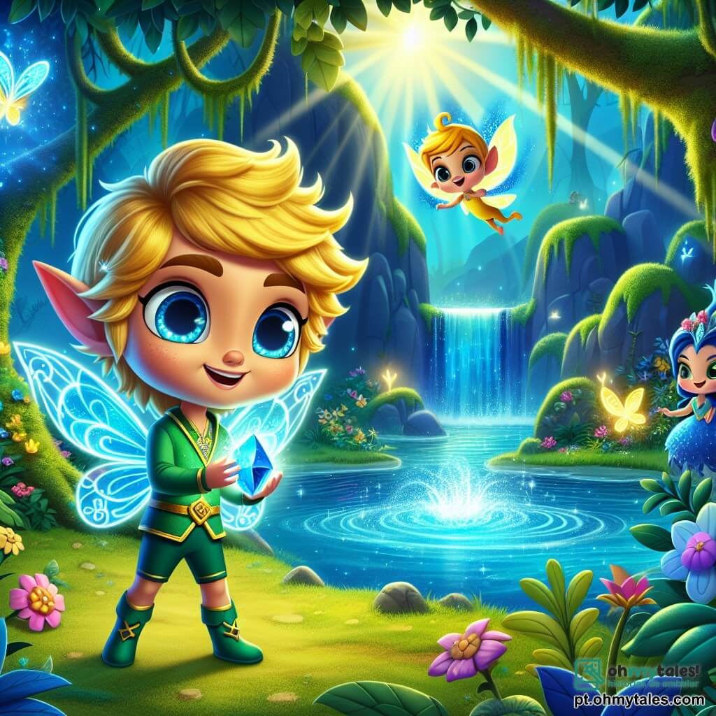 Um pequeno elfo chamado Lúcio, com cabelos dourados brilhantes e uma roupa verde cintilante, está à beira de um lago mágico, seu rosto radiante de excitação e determinação. Ele observa maravilhado a luz azul que emana da Pedra da Água que acabou de colocar na água, pronto para salvar sua floresta. Ao seu lado, uma linda borboleta chamada Bella, com asas coloridas de azul e roxo, voa alegremente ao seu redor, acrescentando um toque de magia à cena. Um pequeno pássaro chamado Pipo, com plumagem amarelo-vivo e olhos brilhantes, empoleira-se em um galho próximo, observando com curiosidade o evento. O cenário é uma floresta encantada, com árvores majestosas, flores vibrantes e um lago azul profundo que brilha sob o sol. A situação principal mostra Lúcio, com seus amigos, salvando a floresta ao colocar a Pedra da Água no lago, provocando uma explosão de luz e vida, enquanto as árvores e flores parecem dançar de alegria ao redor deles.