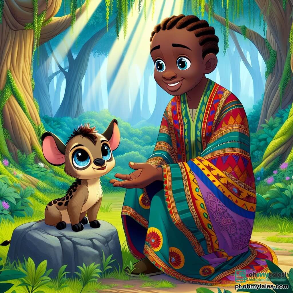 No centro da imagem, Juma, um homem de cerca de quarenta anos, com olhos brilhantes e um largo sorriso, está em pé sobre uma pedra no meio de uma floresta verdejante. Ele usa uma túnica colorida de tecido africano com padrões tradicionais e tem o cabelo trançado. Juma estende a mão para Nguvu, uma grande criatura feroz com olhos tristes e pelagem acastanhada, que exibe uma expressão curiosa e suave. Nguvu, parecendo um adolescente, está sentado ao lado de Juma, inclinado como se estivesse pronto para ouvir. Embora tenha dentes afiados, seu olhar é amigável e observa Juma com interesse. A cena acontece na Floresta Sussurrante, onde grandes árvores com troncos grossos e folhas luxuriantes criam uma atmosfera mágica. Raios de sol filtram pelas ramas, iluminando o chão coberto de flores coloridas e samambaias. A situação principal mostra Juma conversando com Nguvu, propondo que ele se torne o guardião da árvore antiga, enquanto pássaros coloridos voam ao redor, adicionando vida a esse encontro inesperado.